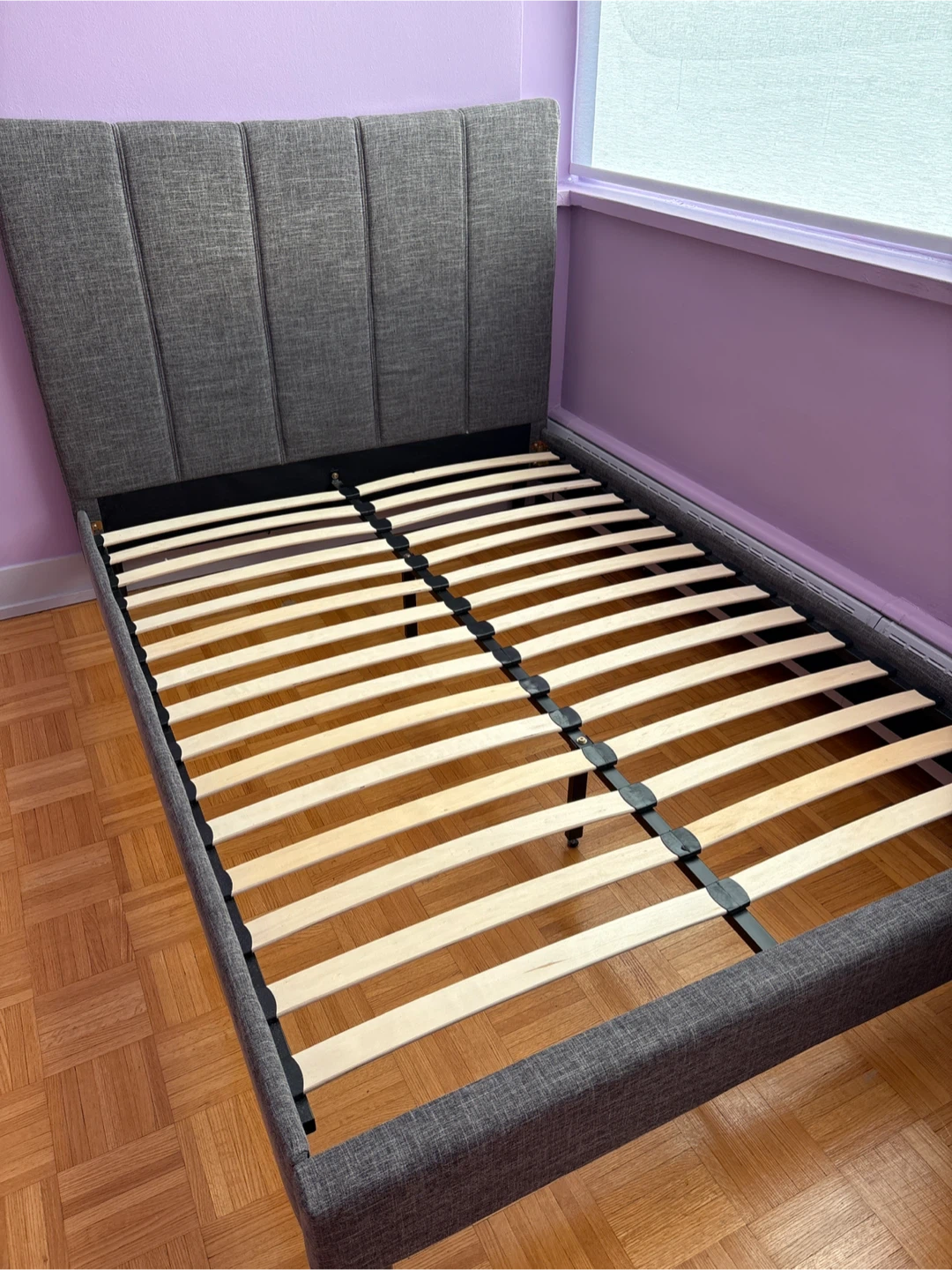 Grey Upholstered Bed Frame with Wooden Slats