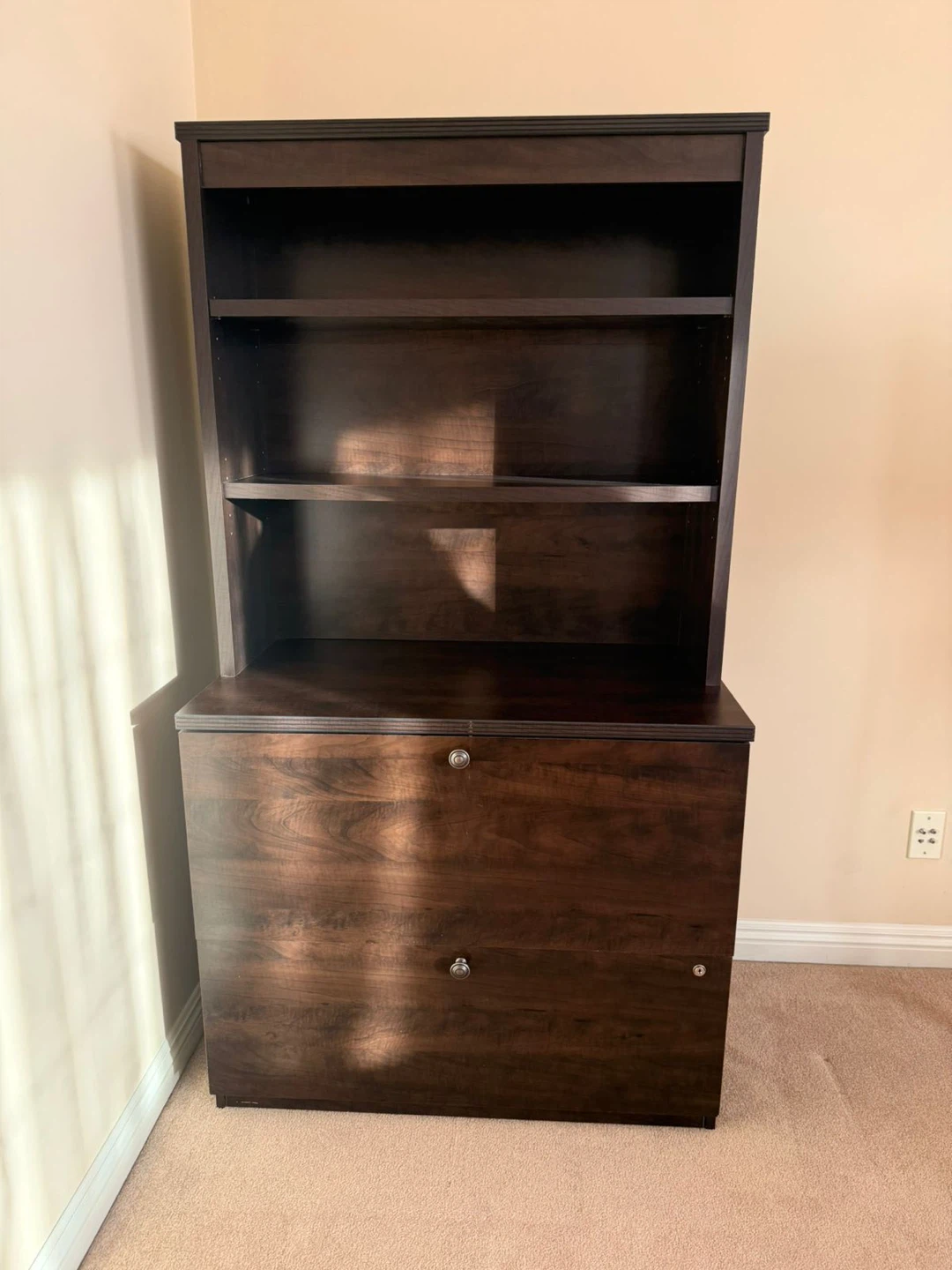 Dark Wood Bookshelf with File Cabinet