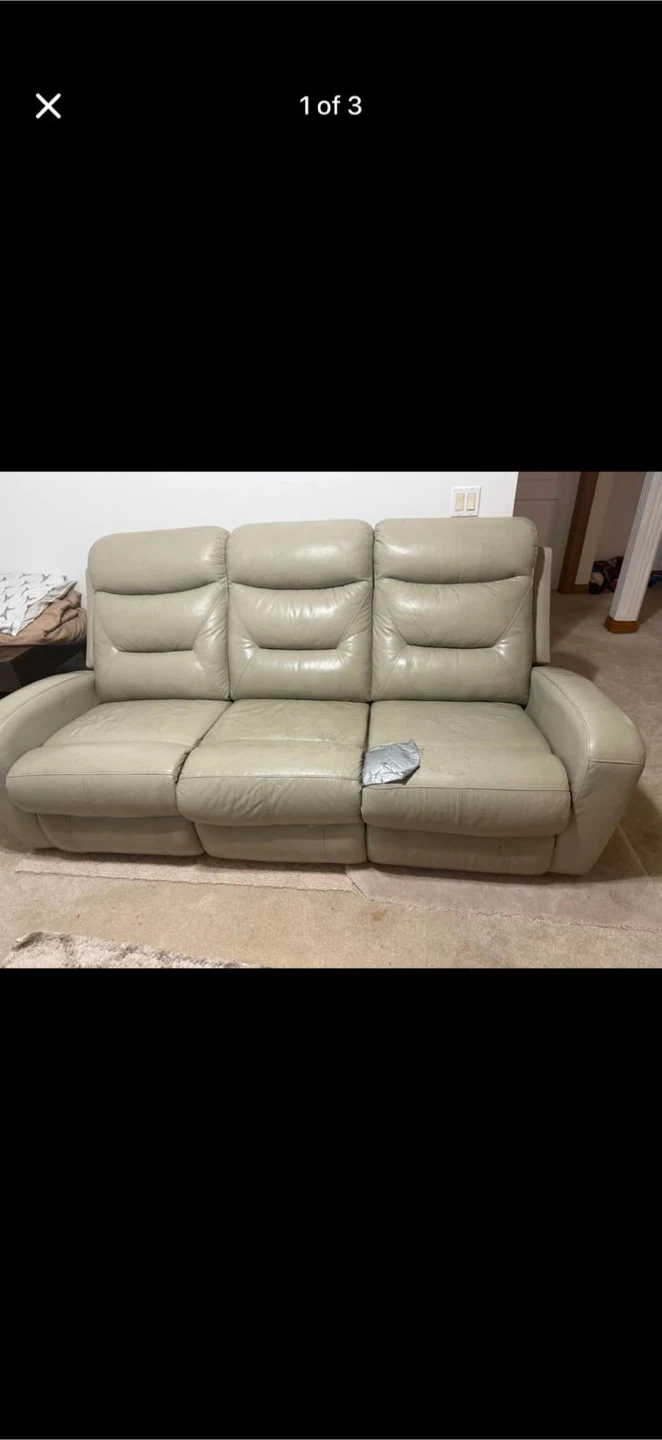 Beige Leather 3-Seater Reclining Sofa