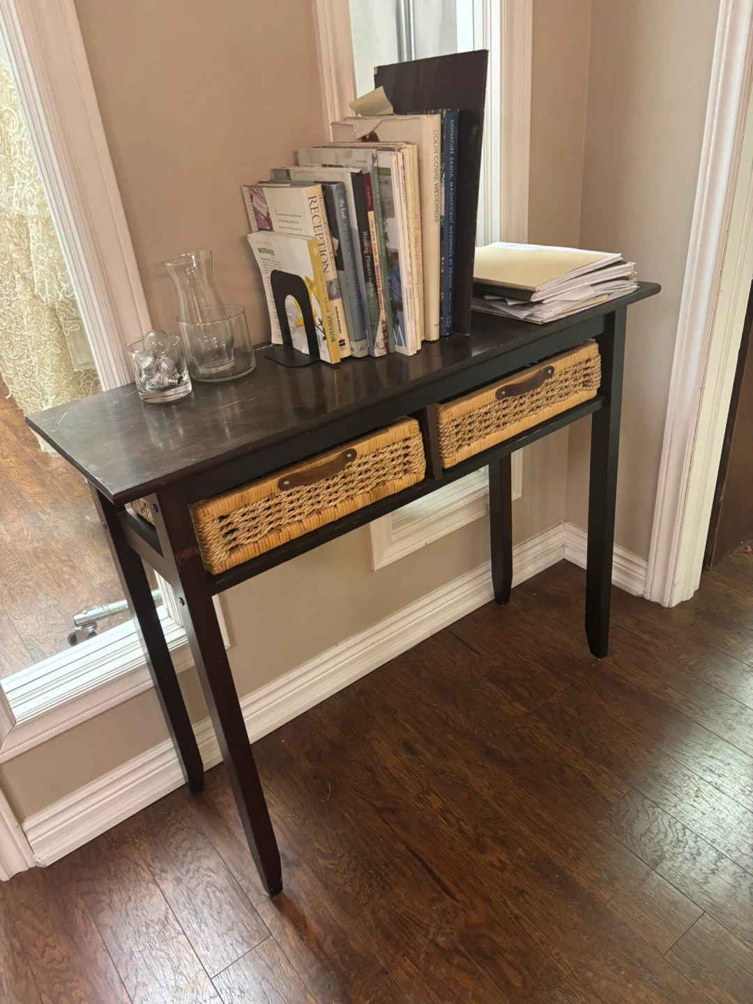 Dark Wood Console Table with Wicker Baskets