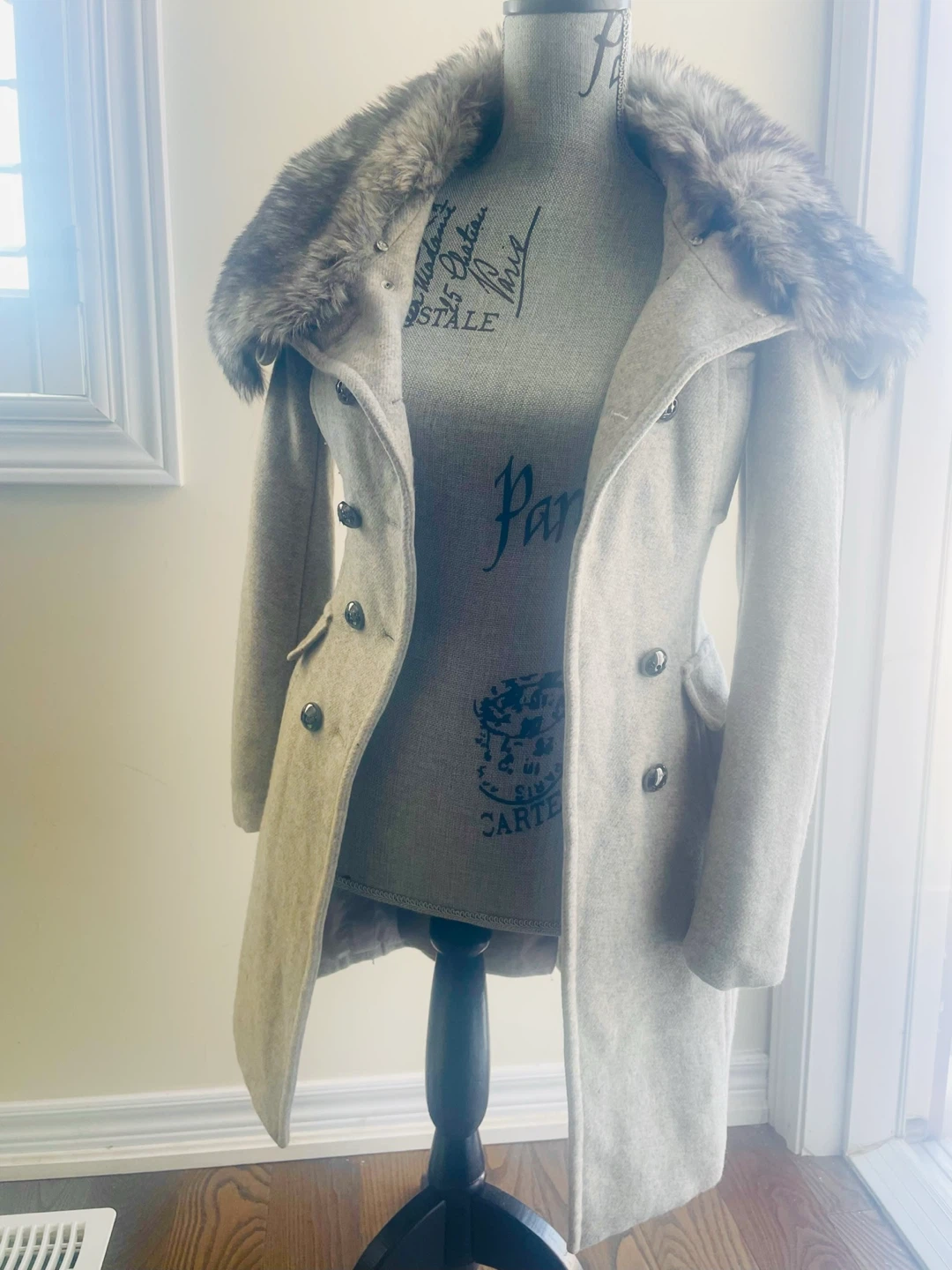 Women's Grey Wool Blend Coat with Faux Fur Collar