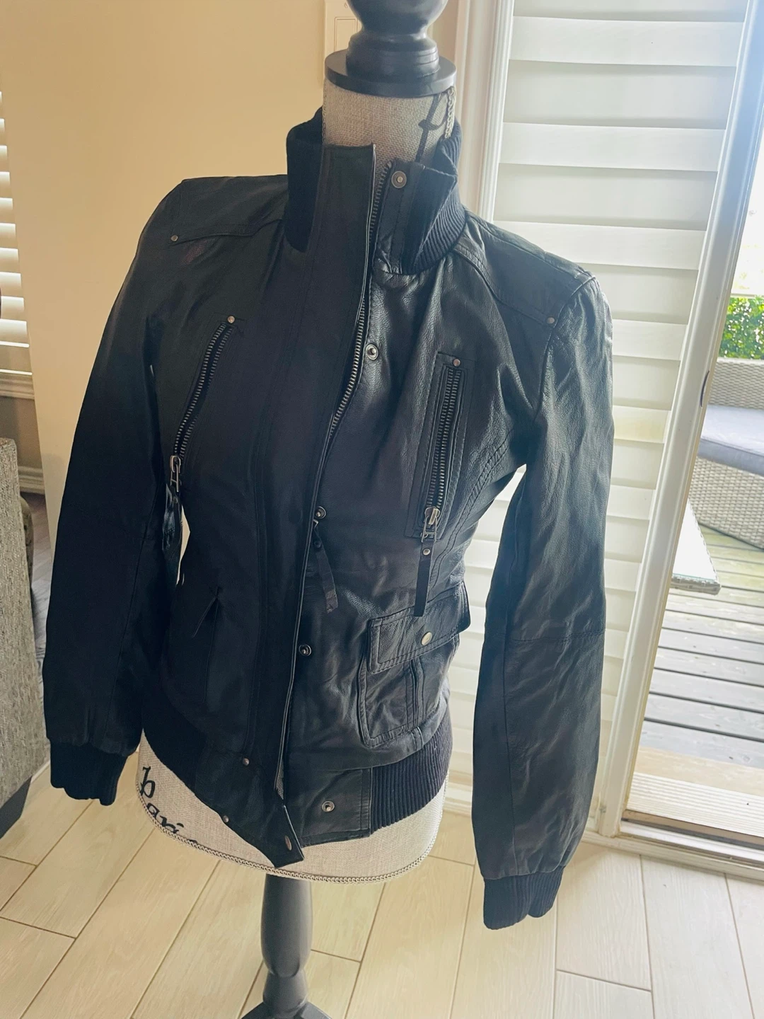 Black Leather Bomber Jacket S