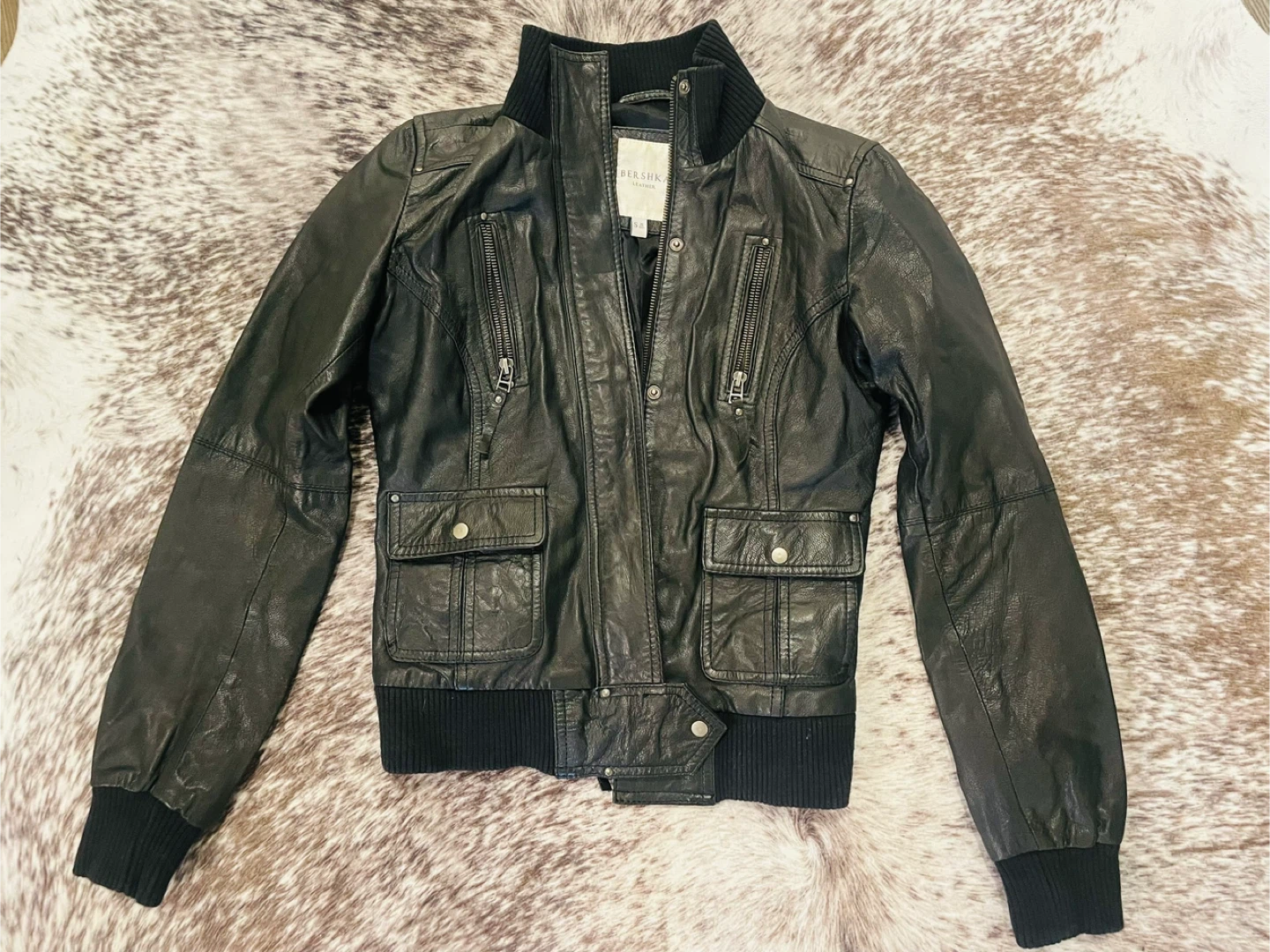 Black Leather Bomber Jacket S - photo 3
