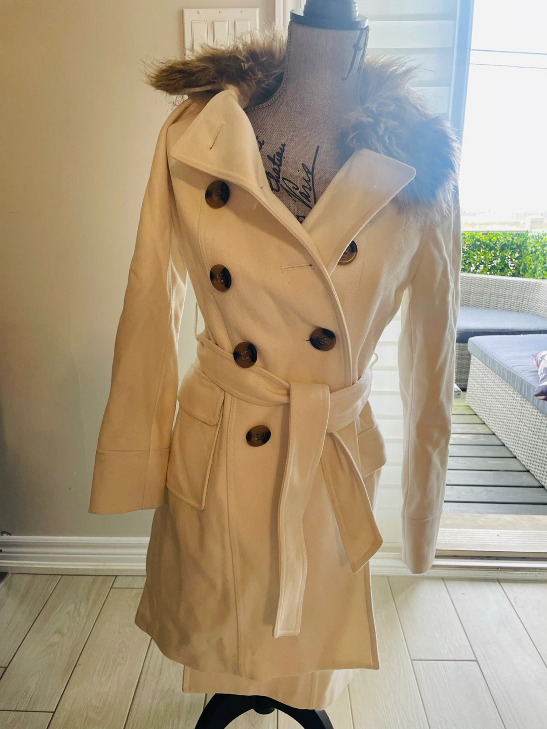 Old Navy Cream Double-Breasted Pea Coat with Faux Fur Trim