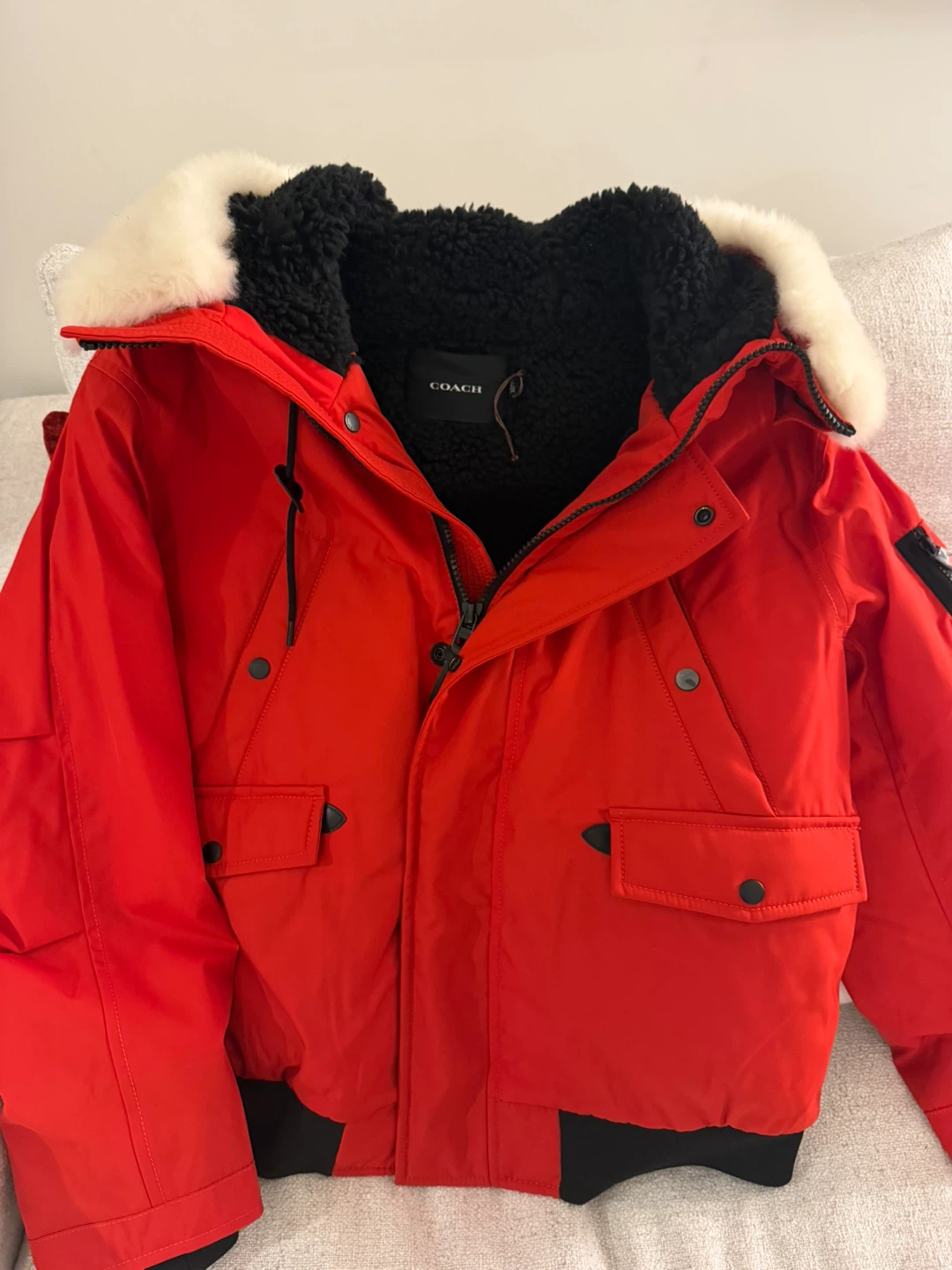 COACH Red Parka Jacket with Fur Trim Hood