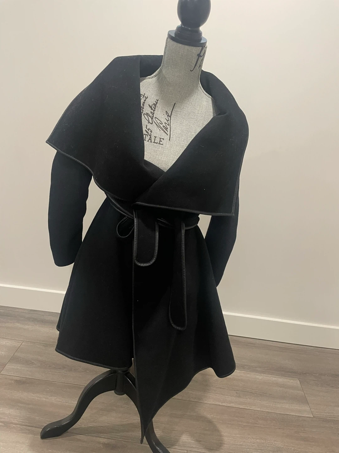 Black BCBG Wrap Coat with Leather Trim xs