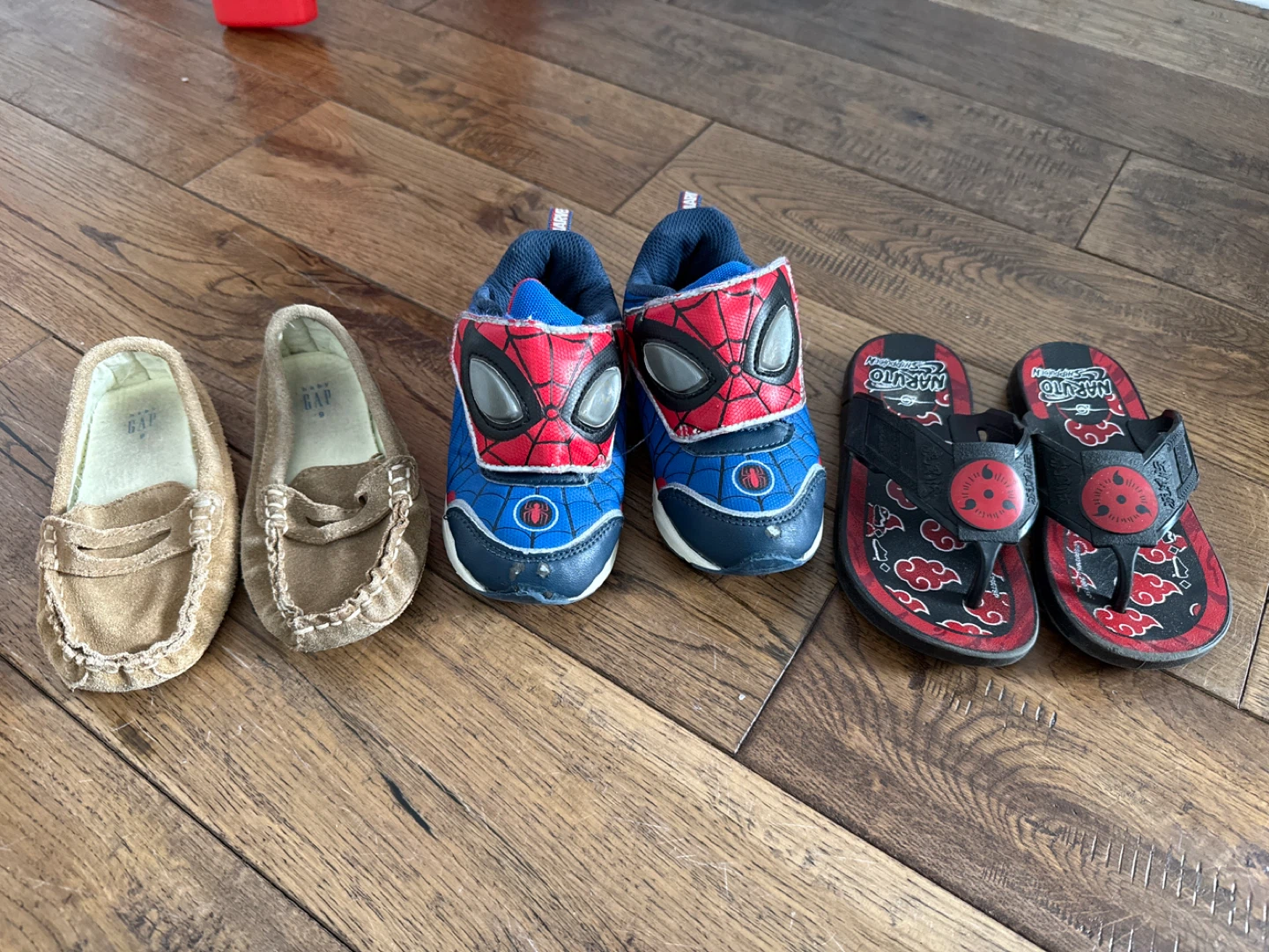 Kids Shoes Lot: GAP ,Spiderman Sneakers, Naruto Flip-flops