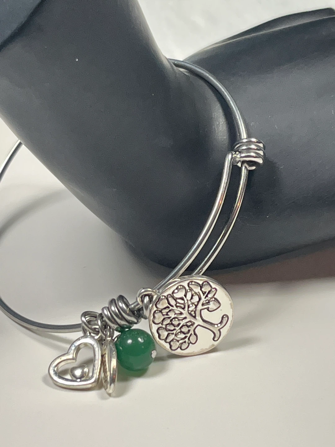 Adjustable Charm Bracelet with Tree of Life and Green Stone