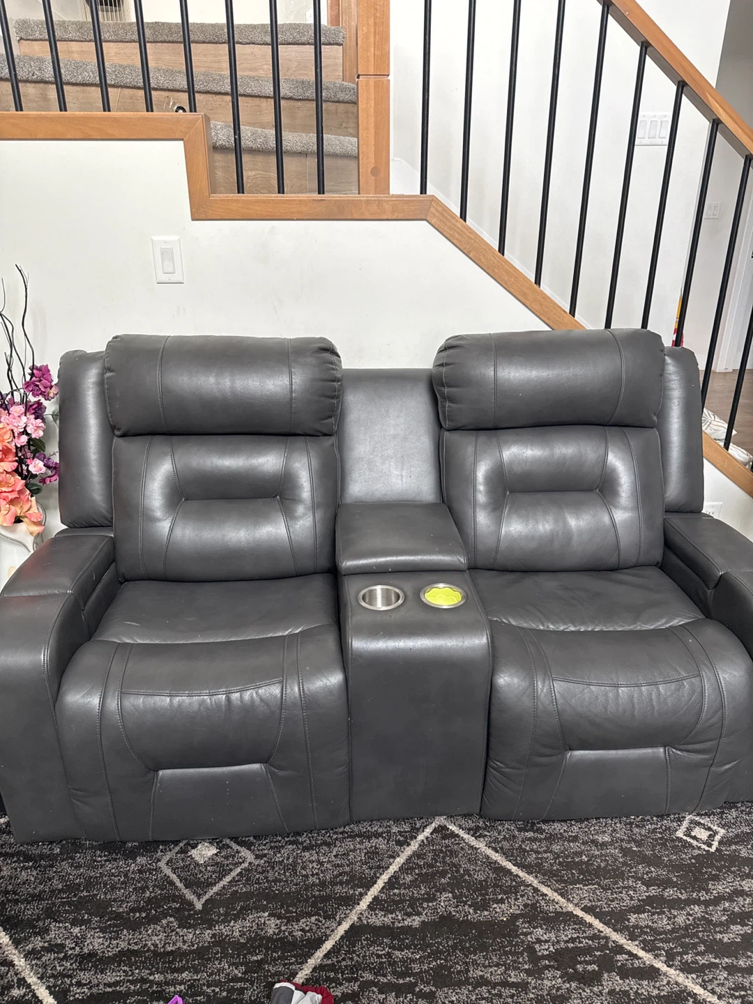 Dark Grey Leather Loveseat Recliner with Cup Holders - photo 2