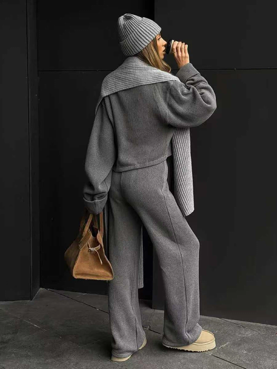Grey Ribbed Knit Lounge Set - Sweater and Pants - photo 5
