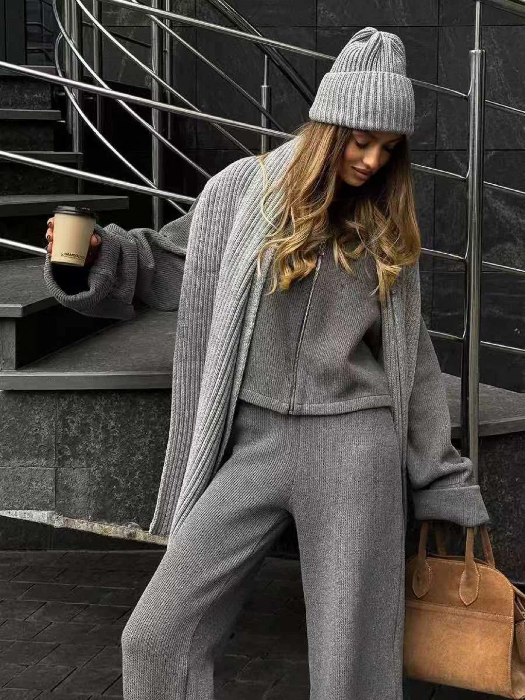 Grey Ribbed Knit Lounge Set - Sweater and Pants - photo 4
