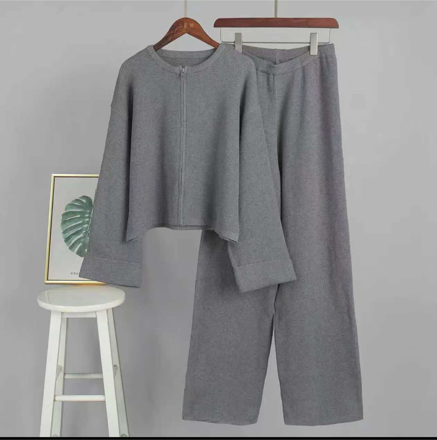 Grey Ribbed Knit Lounge Set - Sweater and Pants