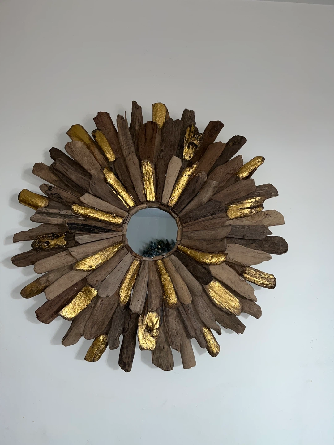 Sunburst Driftwood Mirror with Gold Accents
