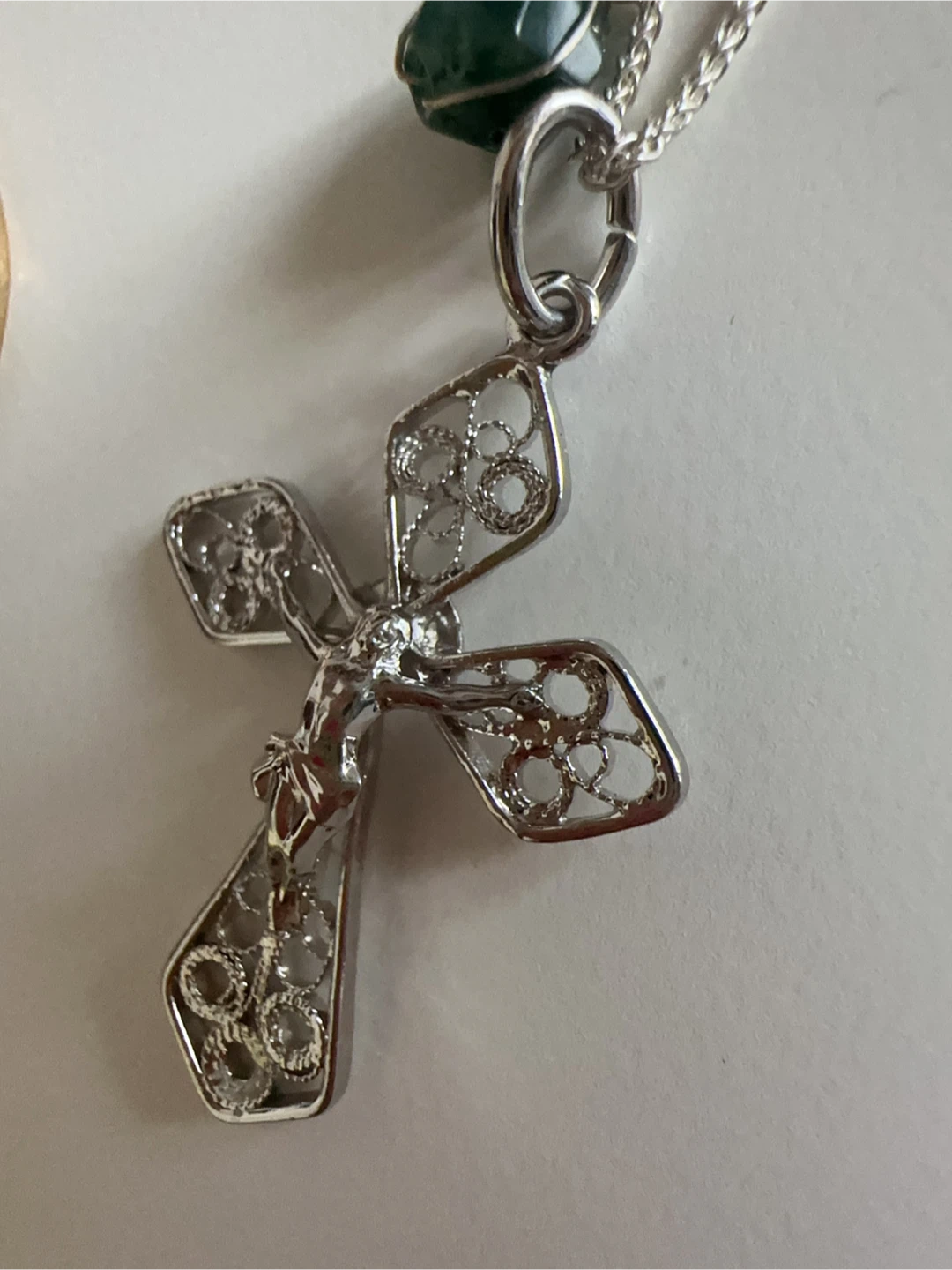 925 Silver Filigree Cross Necklace with Green Stone Accent