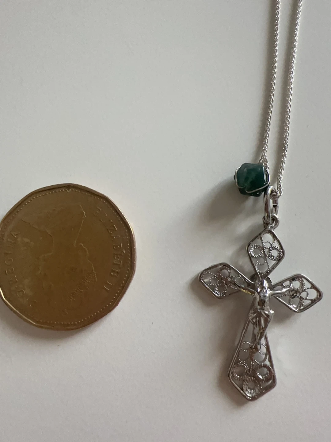 925 Silver Filigree Cross Necklace with Green Stone Accent - photo 3