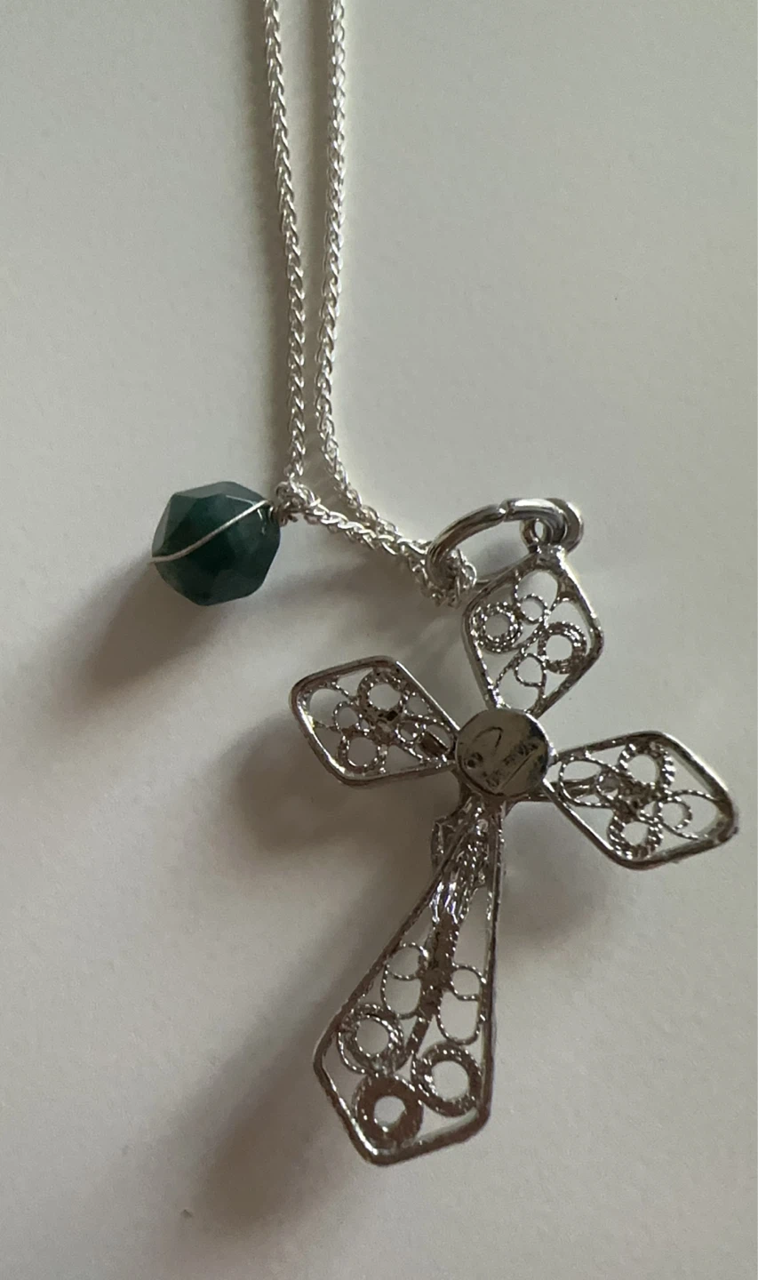 925 Silver Filigree Cross Necklace with Green Stone Accent - photo 4