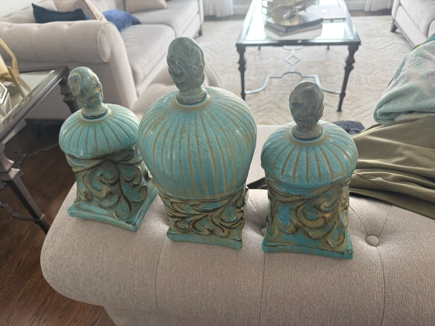 Set of 3 Blue Ceramic Decorative Jars with Lids