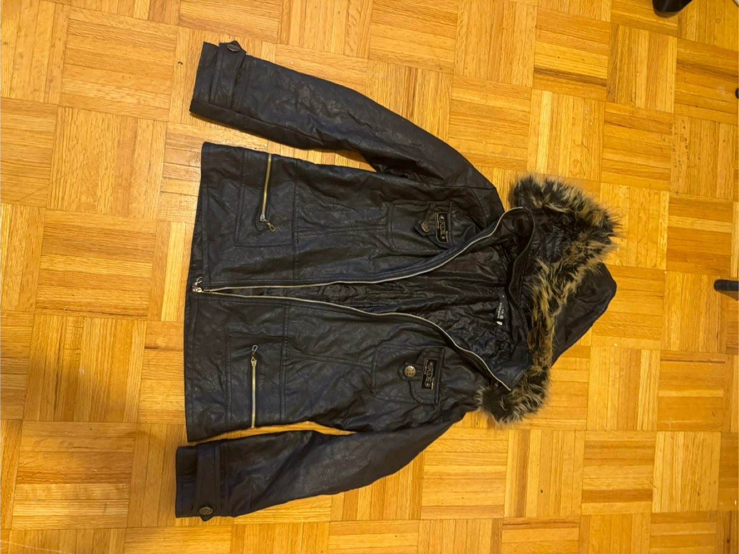 Black Faux Leather Jacket with Fur Hood