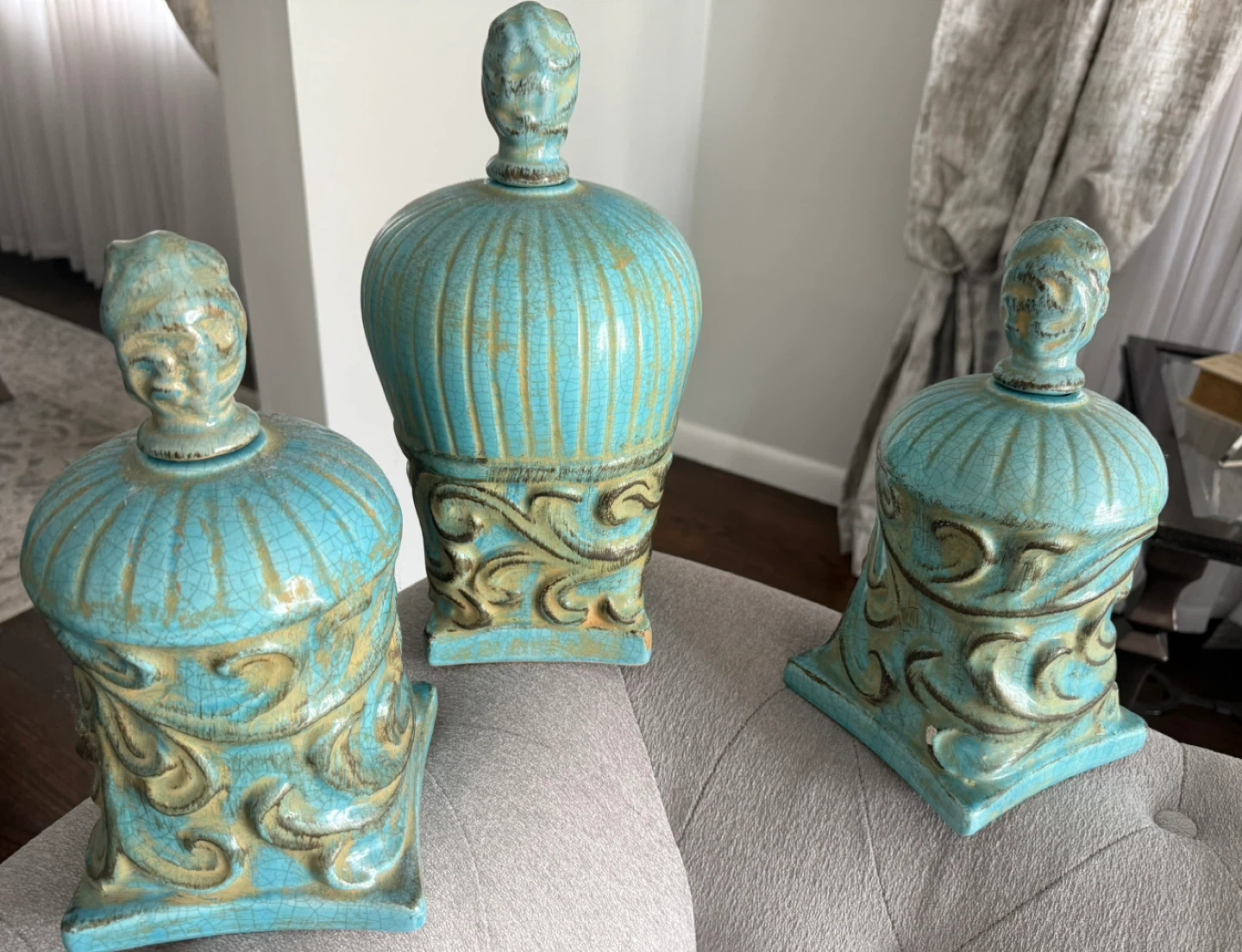 Set of 3 Blue Ceramic Decorative Jars with Lids - photo 3