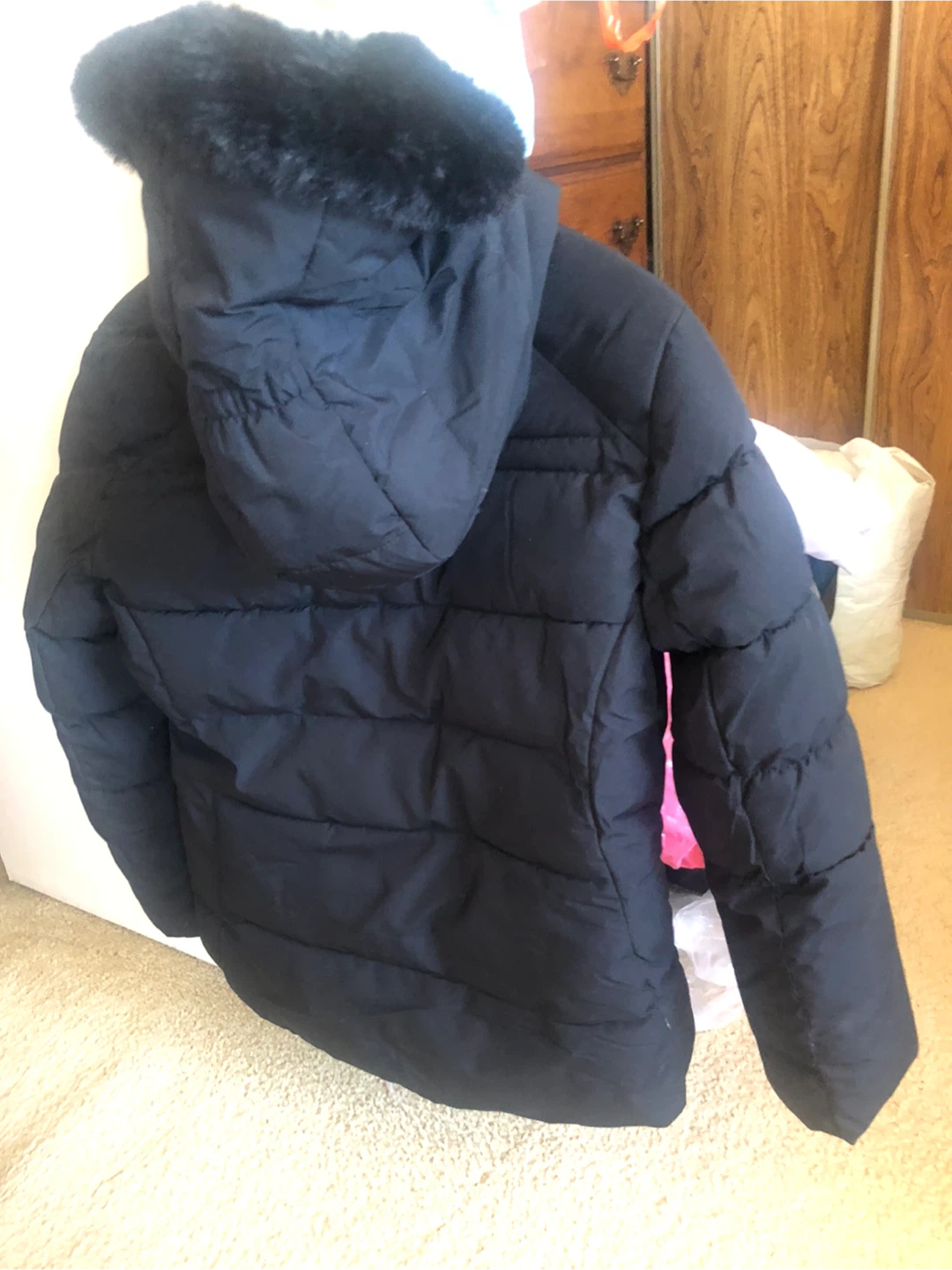 Black Puffer Jacket with Fur Hood - Size 14-16