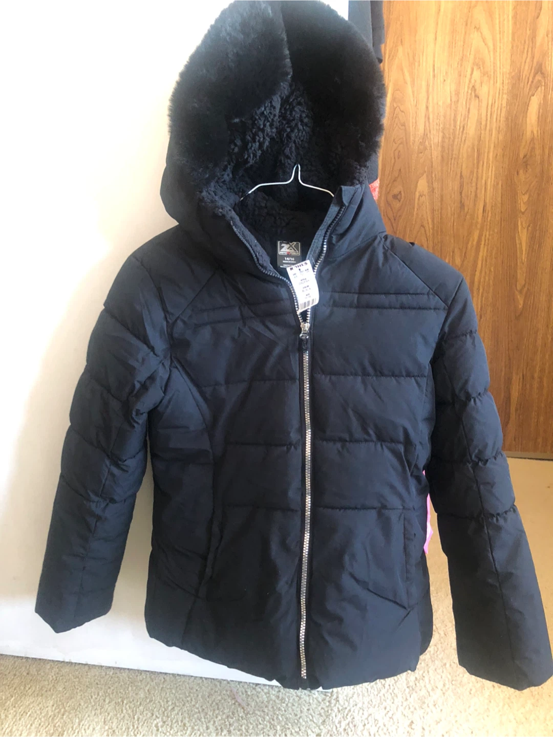 Black Puffer Jacket with Fur Hood - Size 14-16 - photo 2