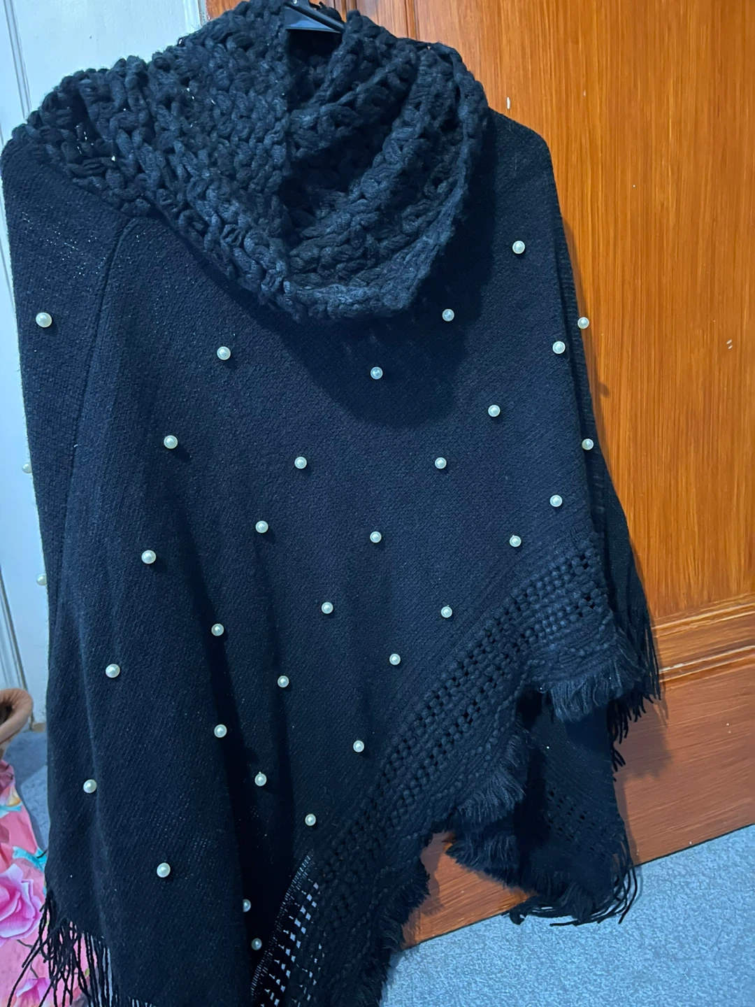 Black Poncho with Pearl Embellishments and Fringe