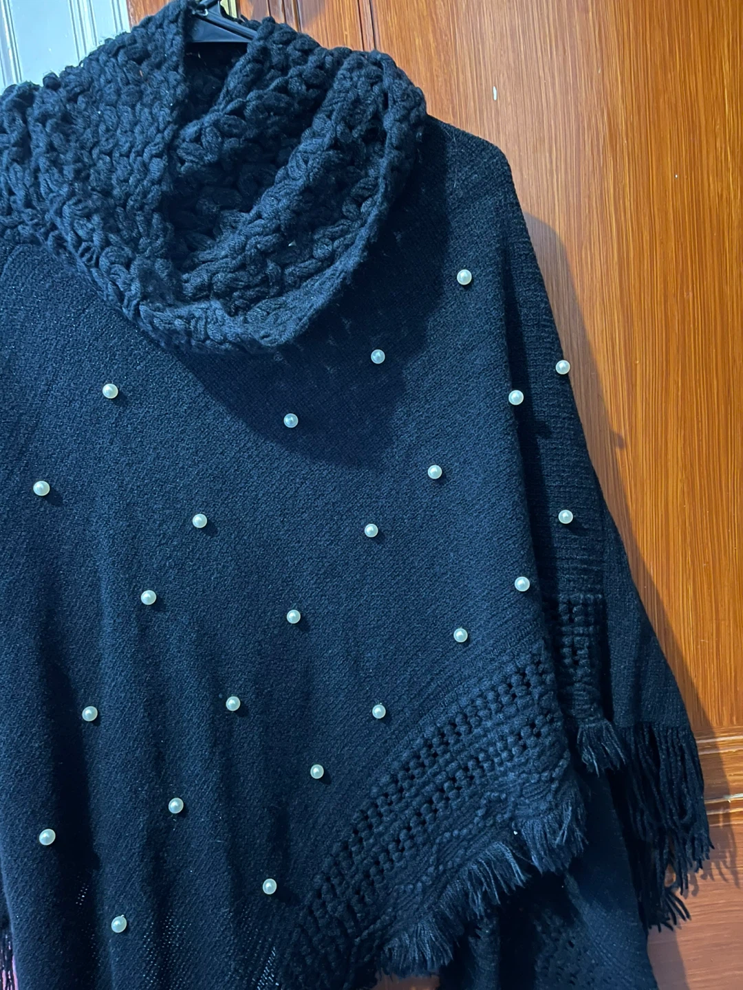 Black Poncho with Pearl Embellishments and Fringe - photo 2