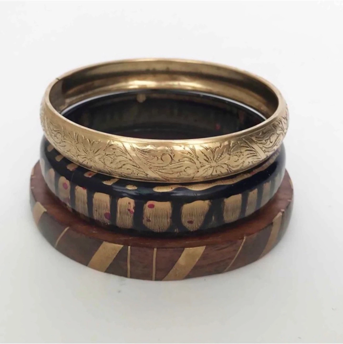 Set of 3 Vintage Bracelets - Etched Gold Tone, Wood & Black