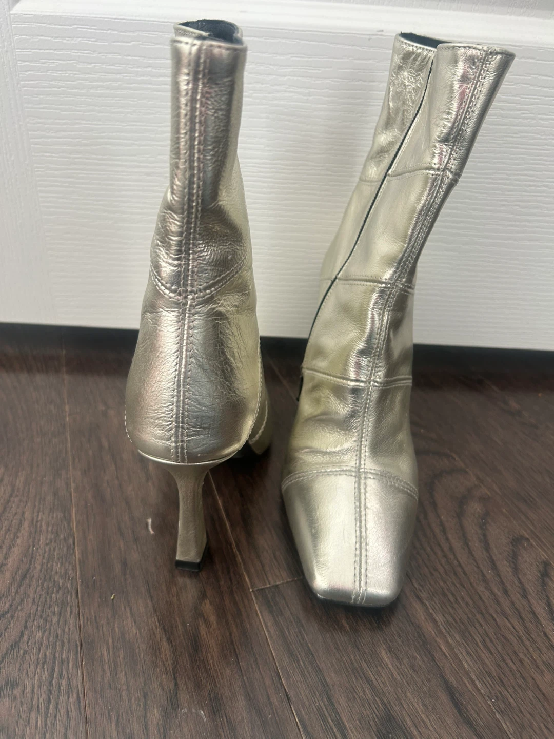 Silver Pointed Toe Heeled Ankle Boots