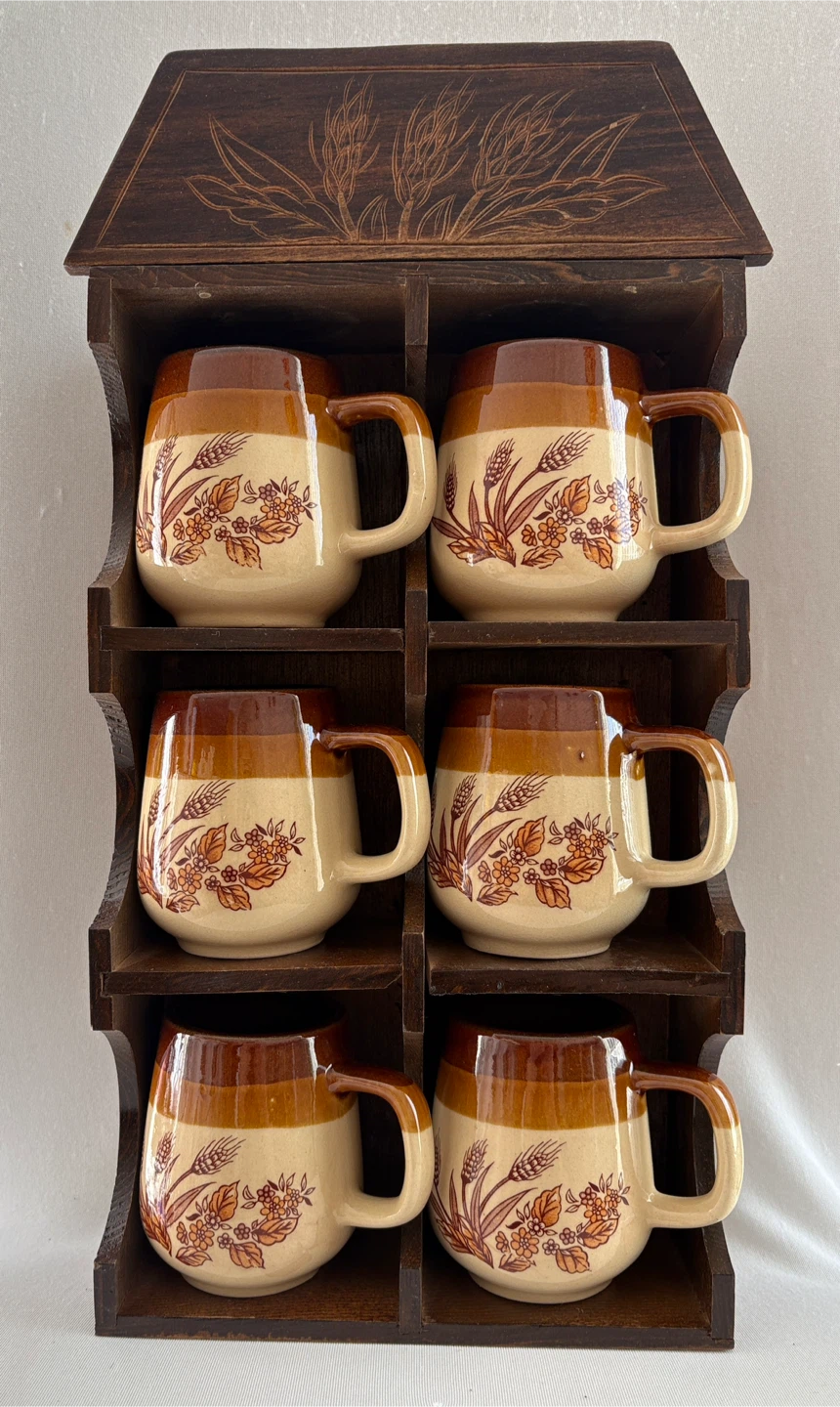 Vintage Ceramic Mugs with Wooden Shelf