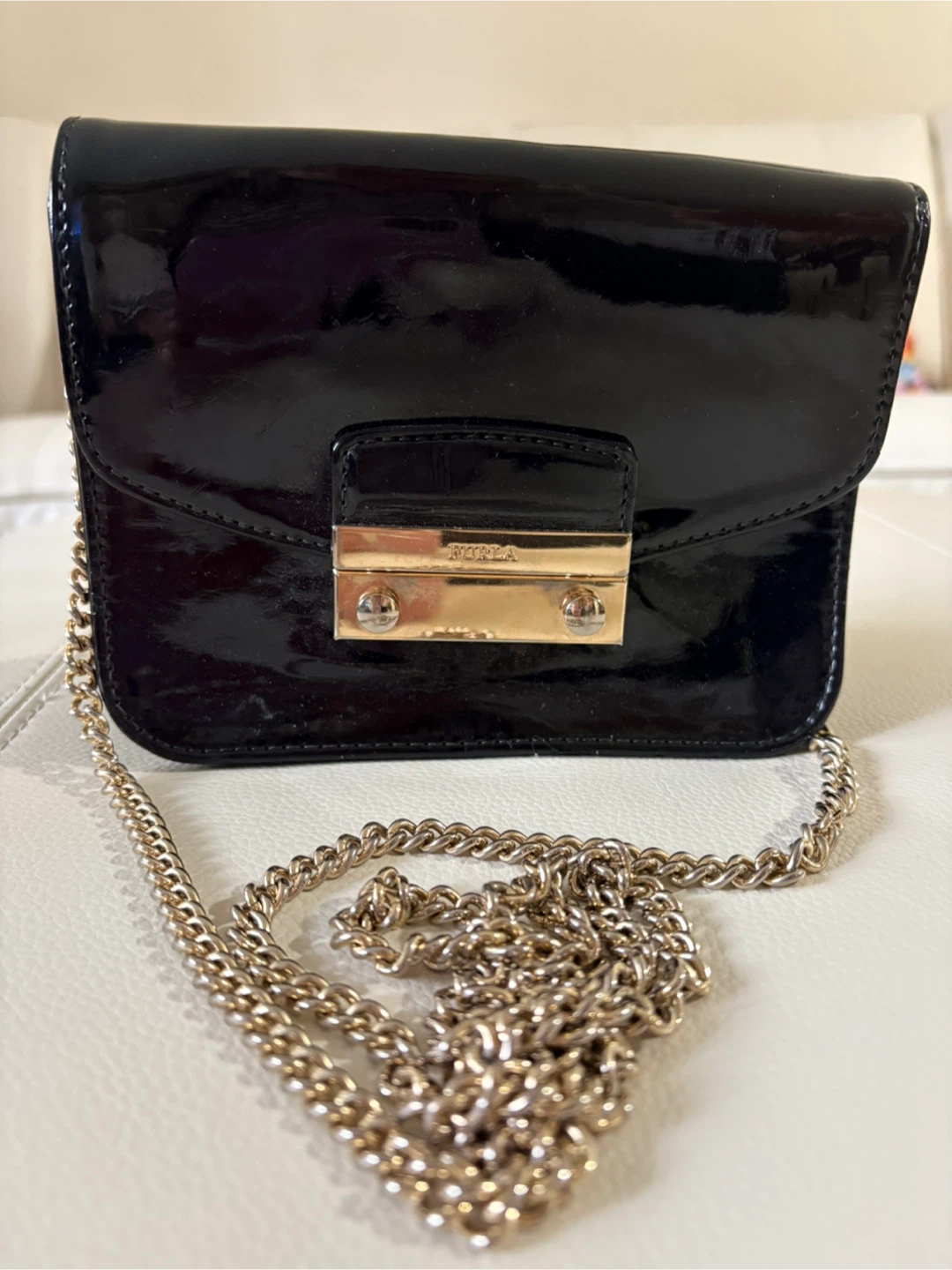 Furla Small Black Patent Leather Chain Shoulder Bag