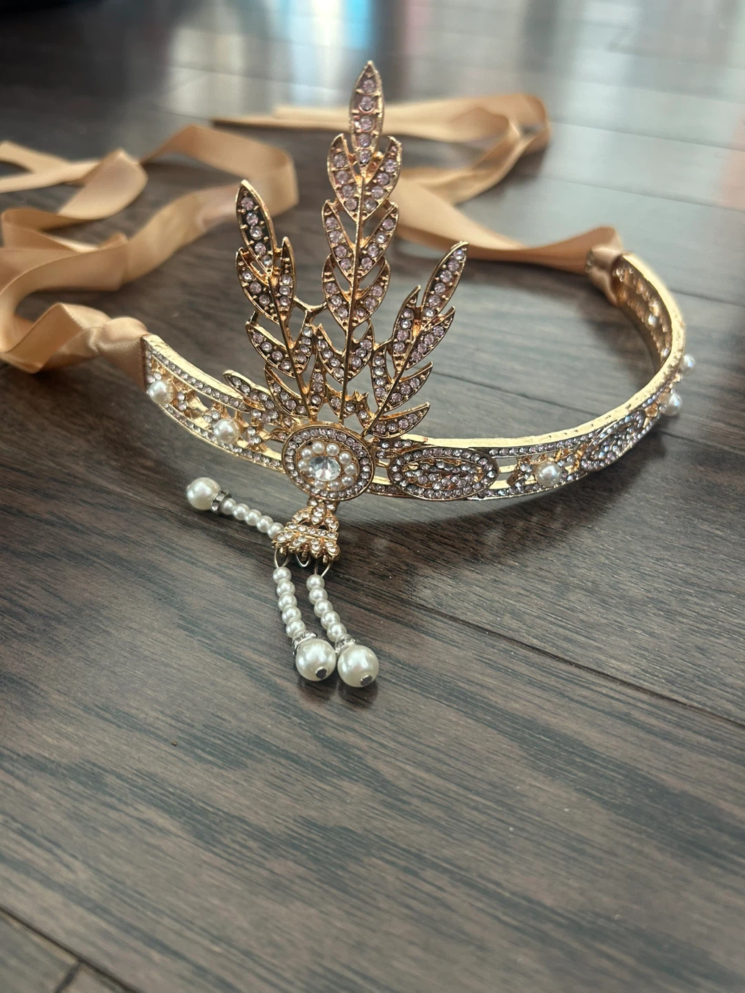 Gold Flapper Headband with Pearls and Rhinestones