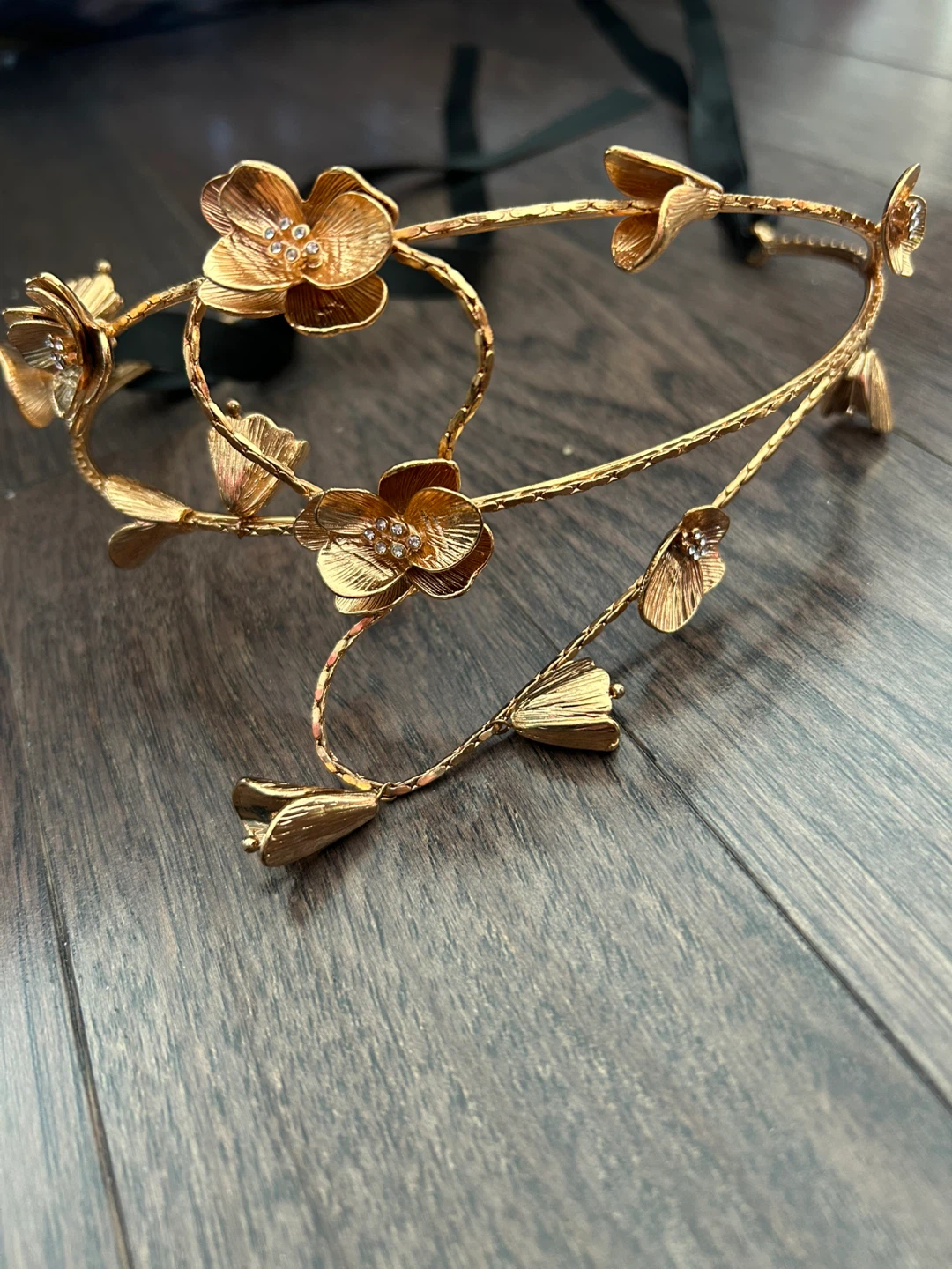 Gold Flower Tiara Headband with Black Ribbons