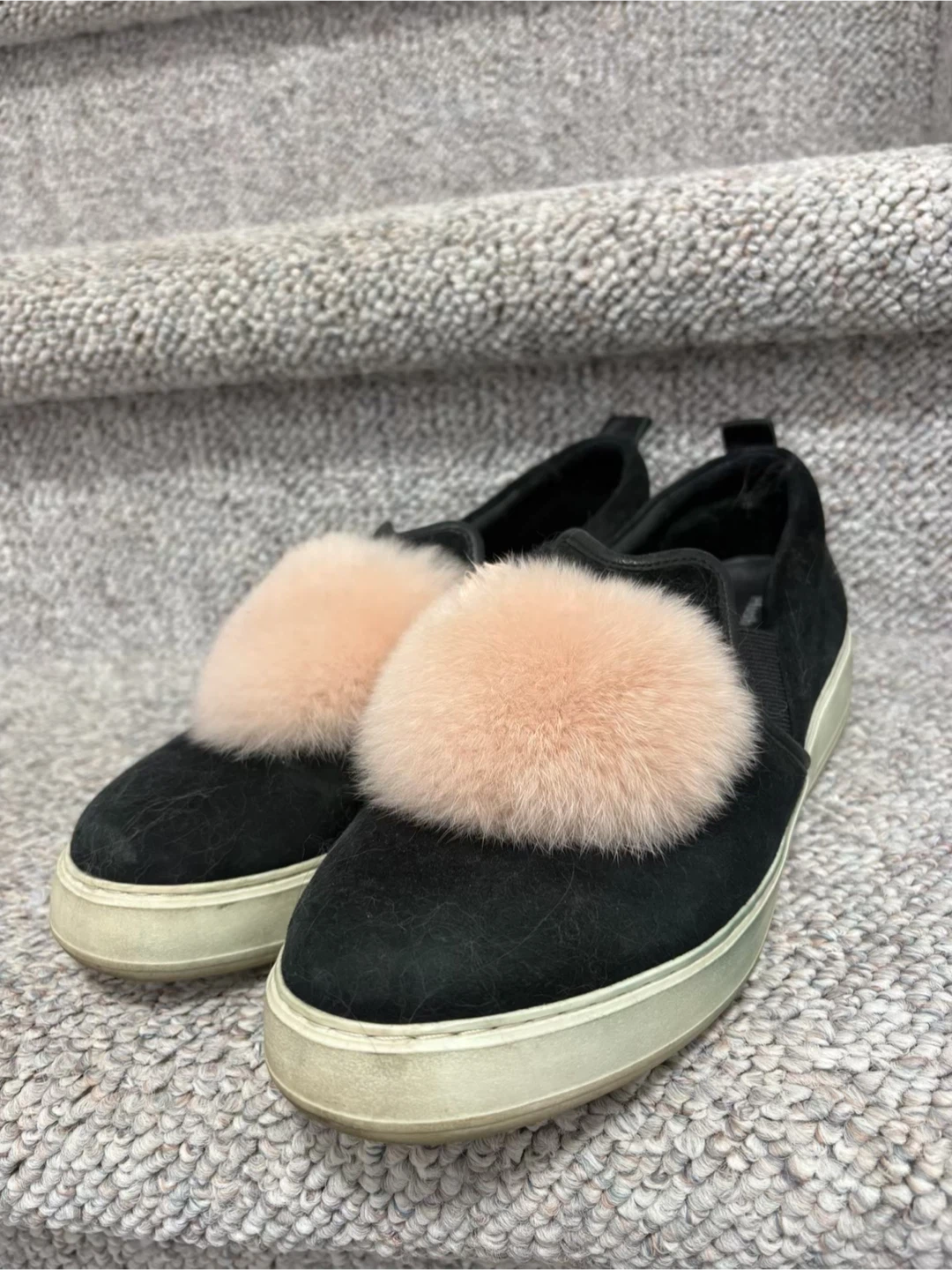 Black Suede Slip-On Sneakers with Pink Fur Pom Poms