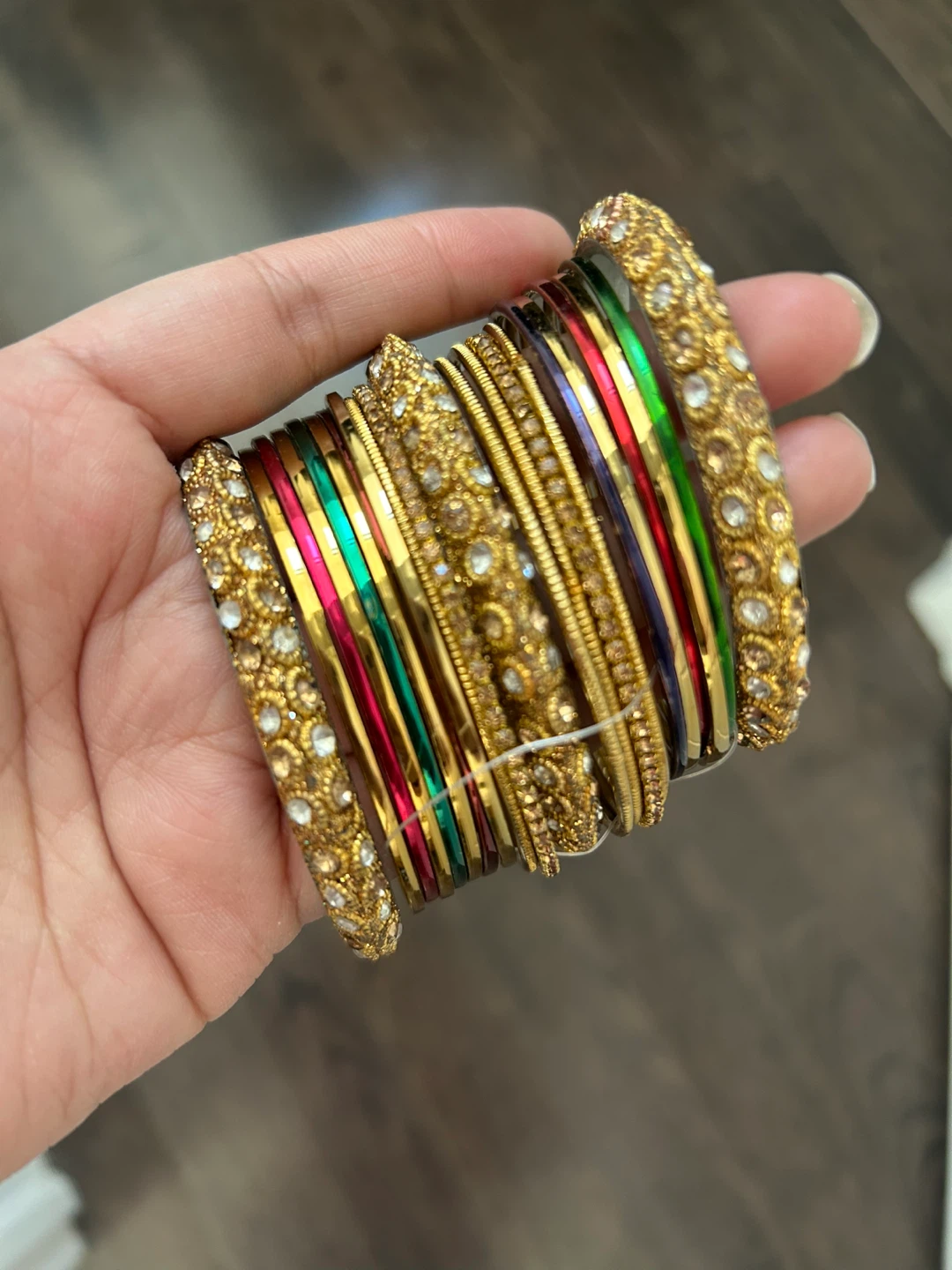 Set of 9 Gold and Multicolour Bangles with Rhinestones