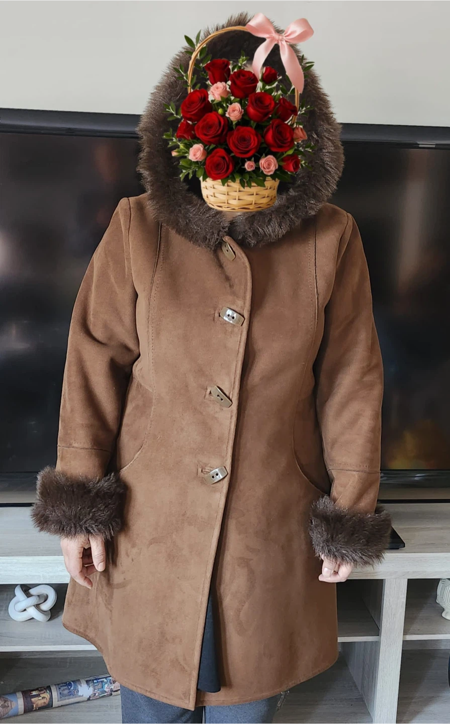 Brown Faux Suede & Fur Trim Hooded Coat