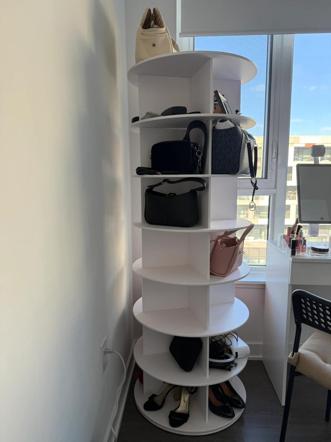 White Rotating Display Shelf for Bags and Shoes