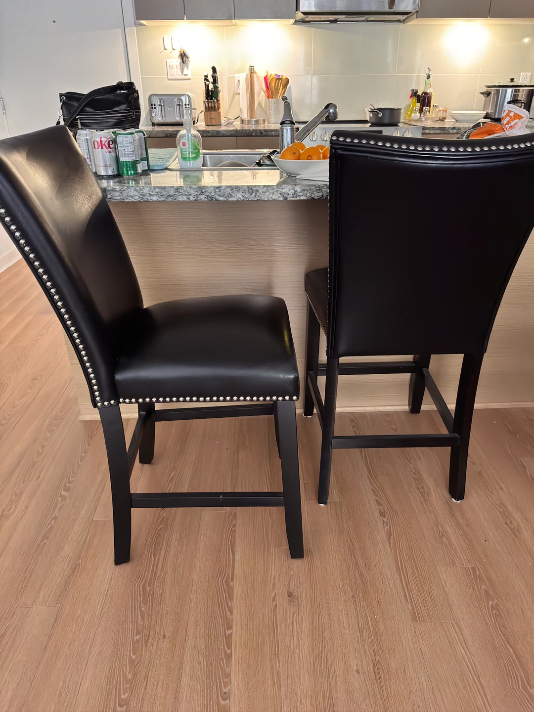 Set of 2 Black Faux Leather Bar Stools with Studs