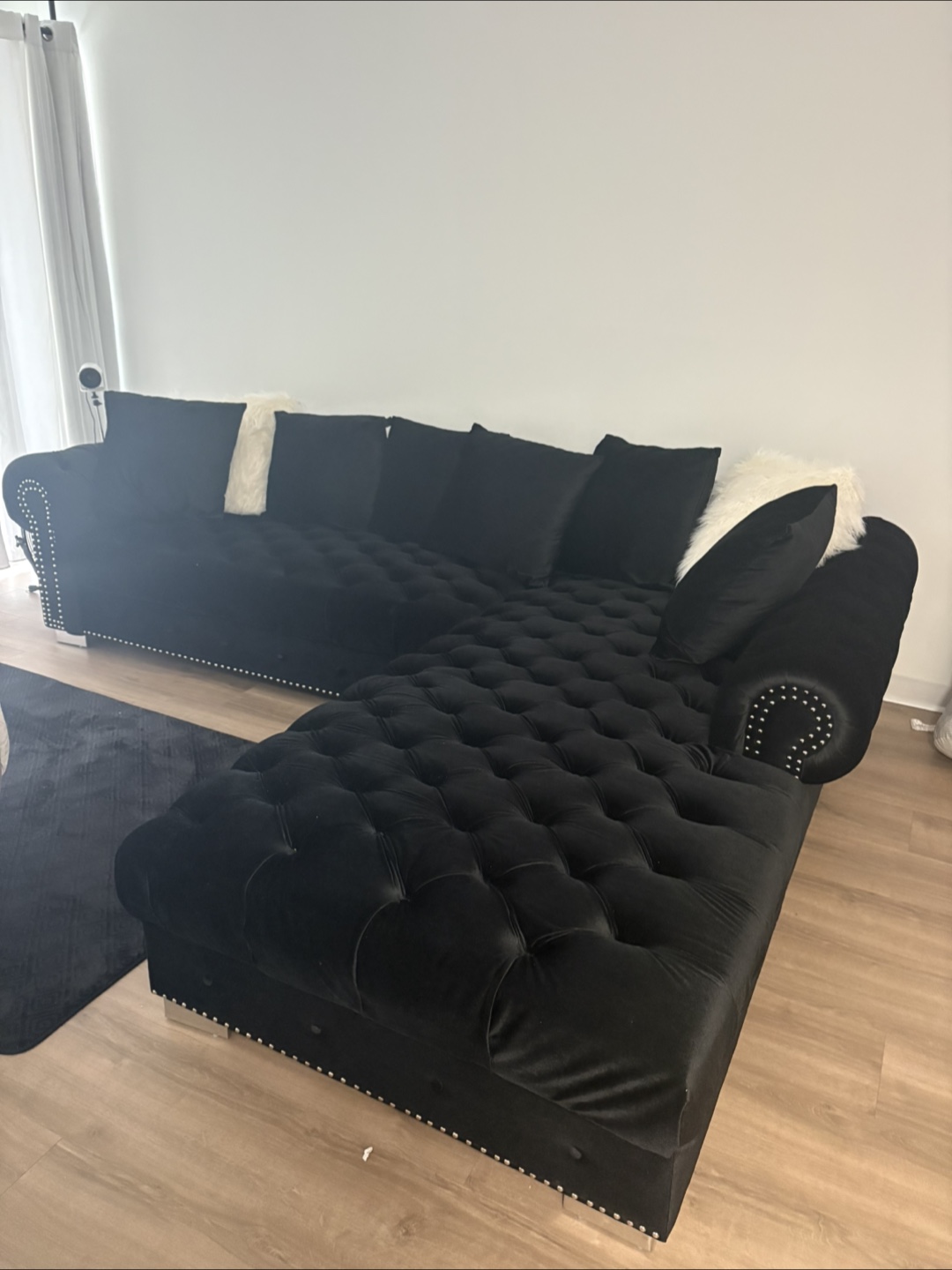 Black Velvet Tufted Sectional Sofa with Chaise