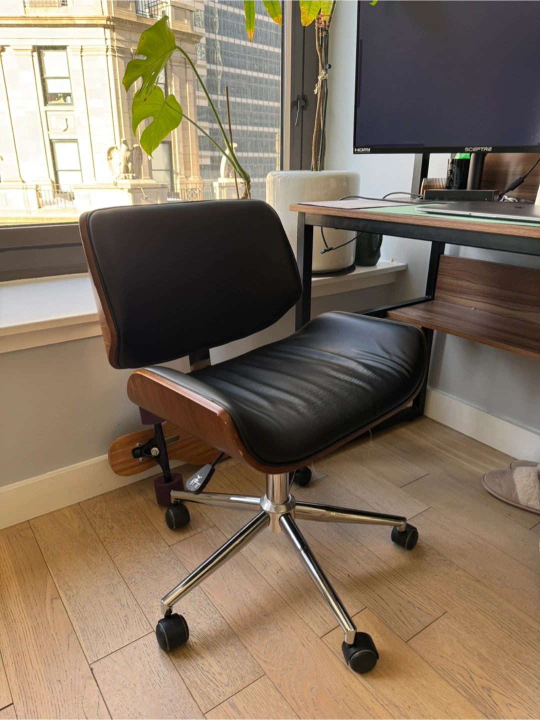 Black Faux Leather Swivel Office Chair with Wood Accents