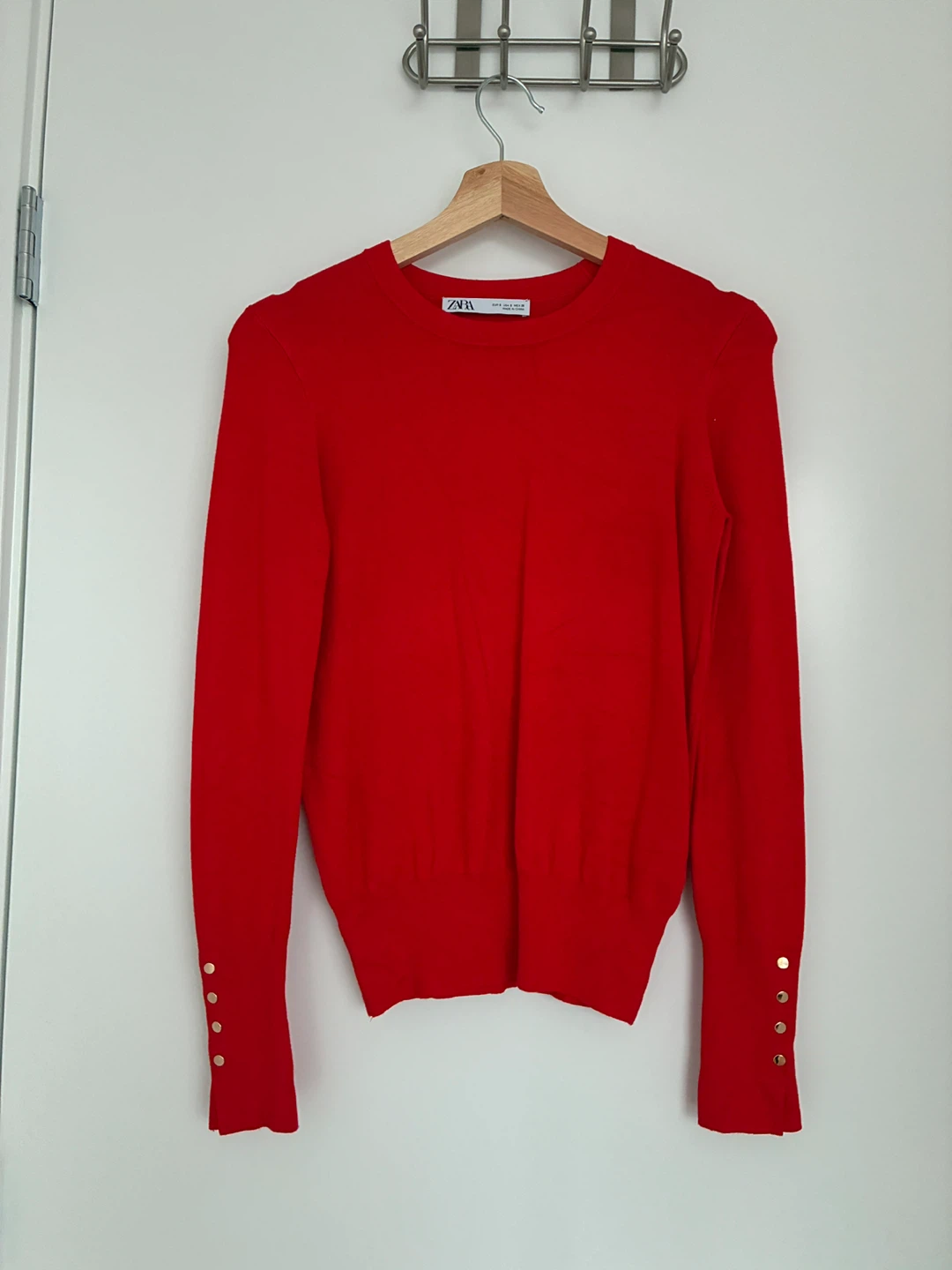 ZARA Red Crew Neck Sweater with Gold Button Detail Size S