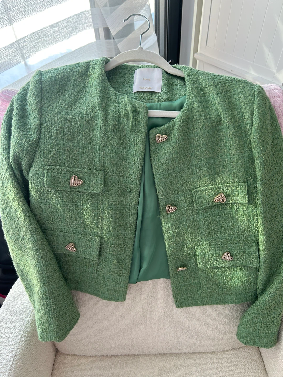 MNG Green Tweed Jacket with Heart Buttons