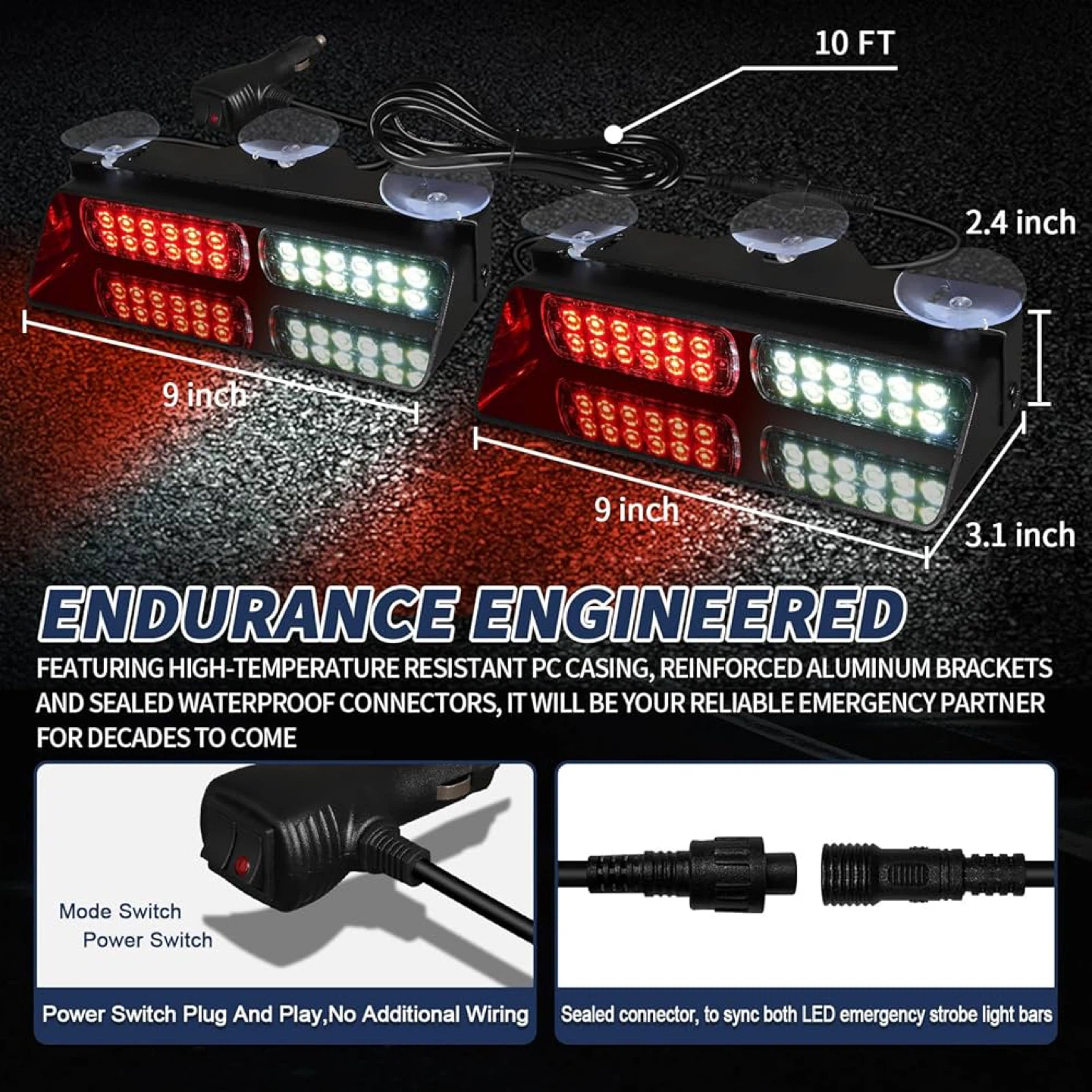 Tiannor Emergency Dash Strobe Light Bar - Red/White - photo 3