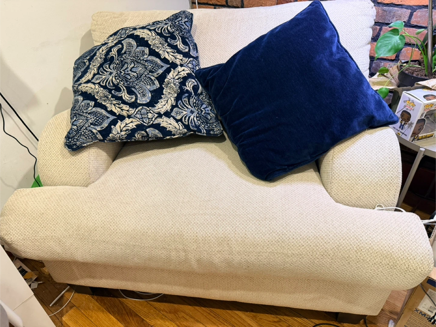Cream Loveseat and Armchair with Blue Decorative Pillows - photo 3