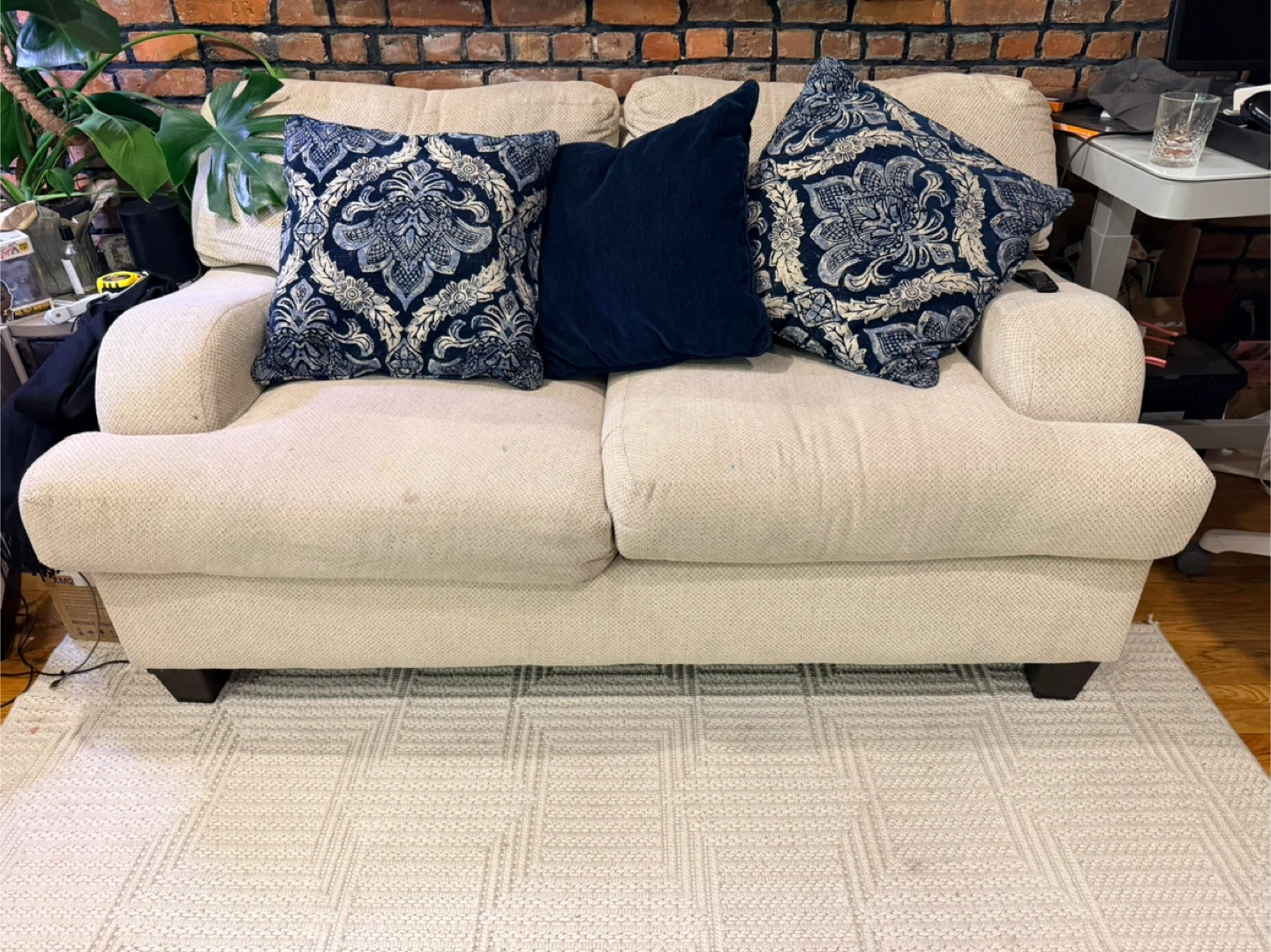 Cream Loveseat and Armchair with Blue Decorative Pillows - photo 2
