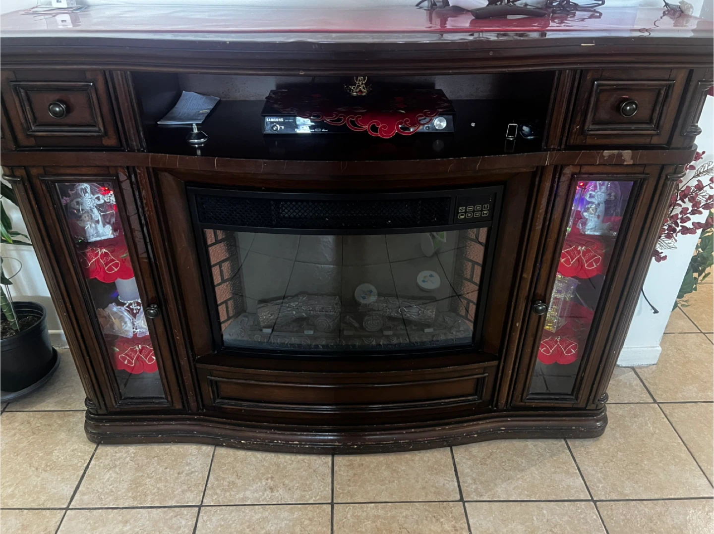 Dark Wood Electric Fireplace Entertainment Stand