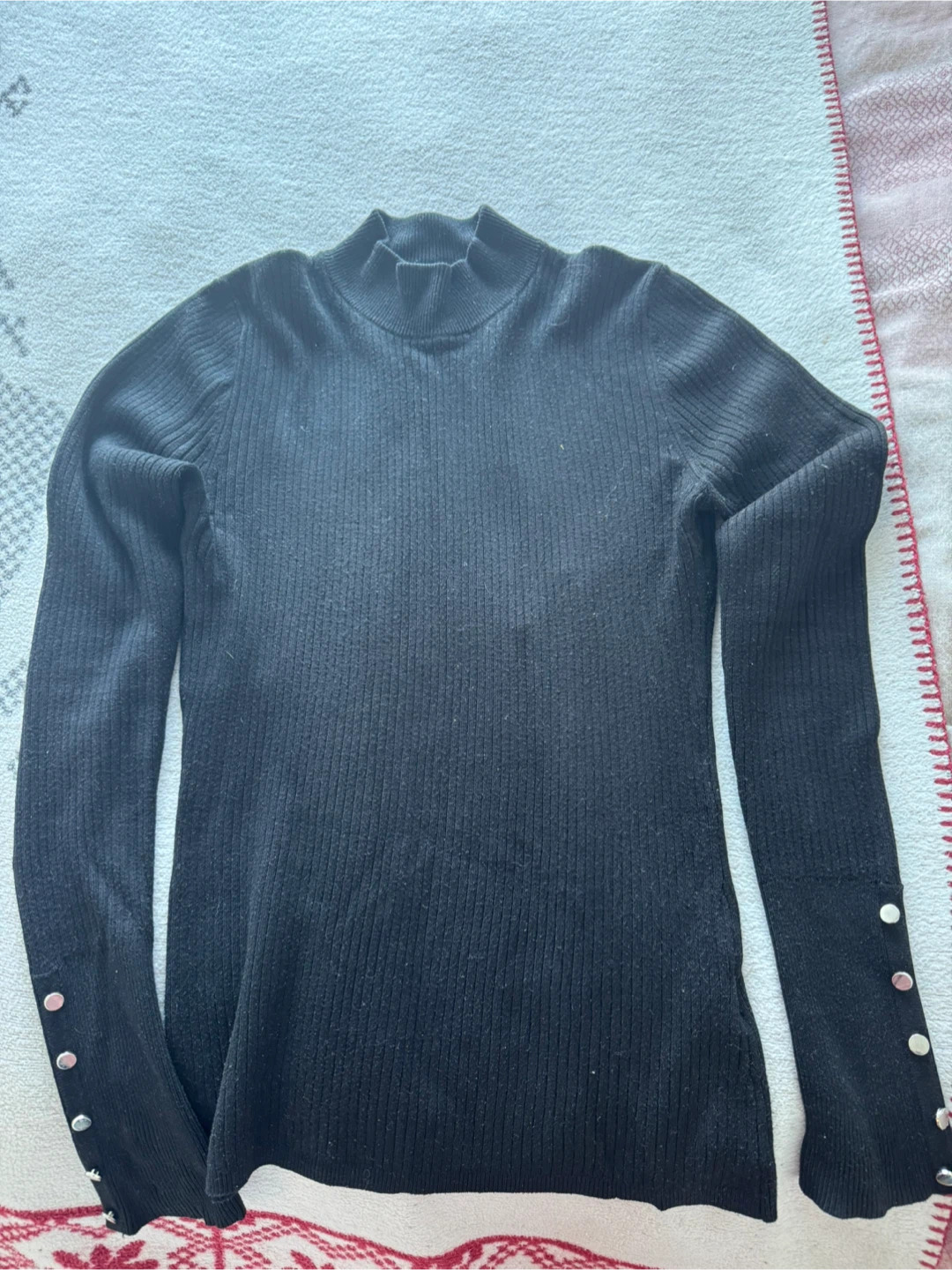 Black Guess Ribbed Mock Neck Sweater with Button Cuffs - Size S