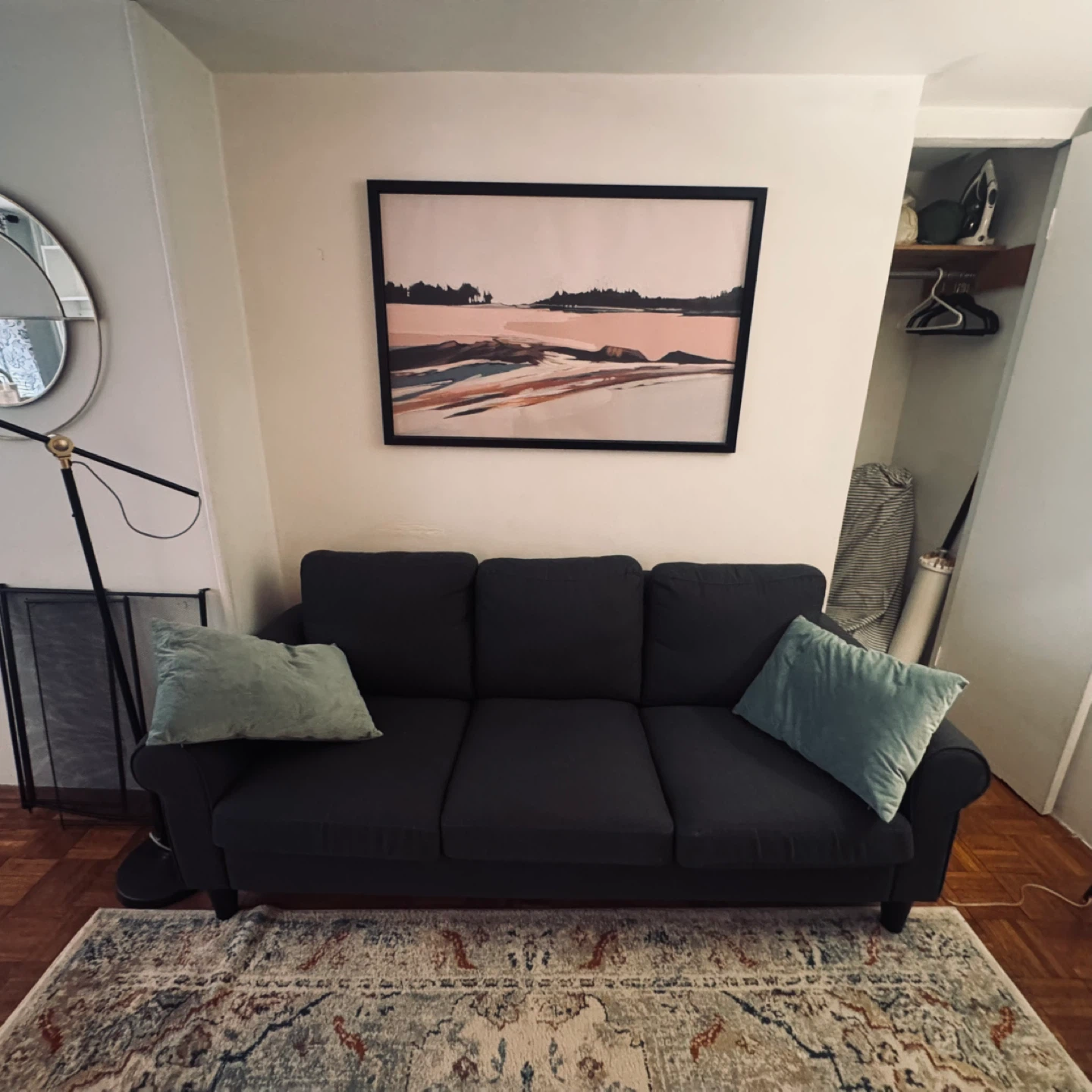 Dark Gray 3-Seater Sofa with Light Blue Accent Pillows