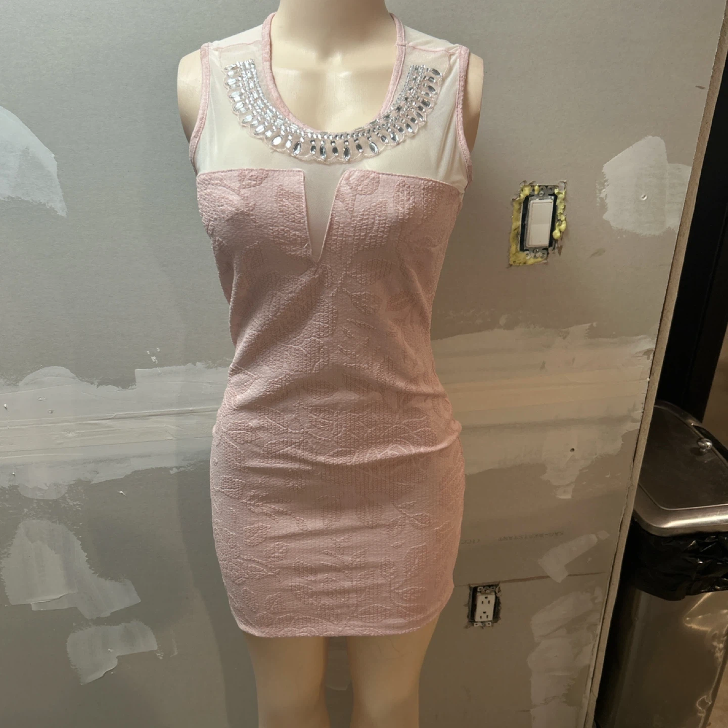 Pink Sheer Neck Embellished Mini Dress