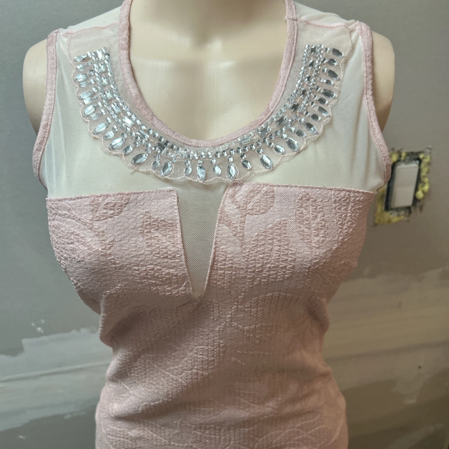 Pink Sheer Neck Embellished Mini Dress - photo 2